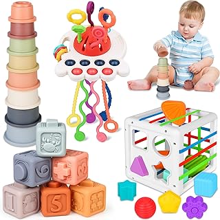 Baby Toys 6 to 12 Months - 4 In 1 Montessori Toys for Babies 1 Year Old Infant Sensory Bins Toys for Toddlers 1-3 Pull String Teether Stacking Blocks & Cups Toys 6 9 10 12 Month Old Baby Learning Toy