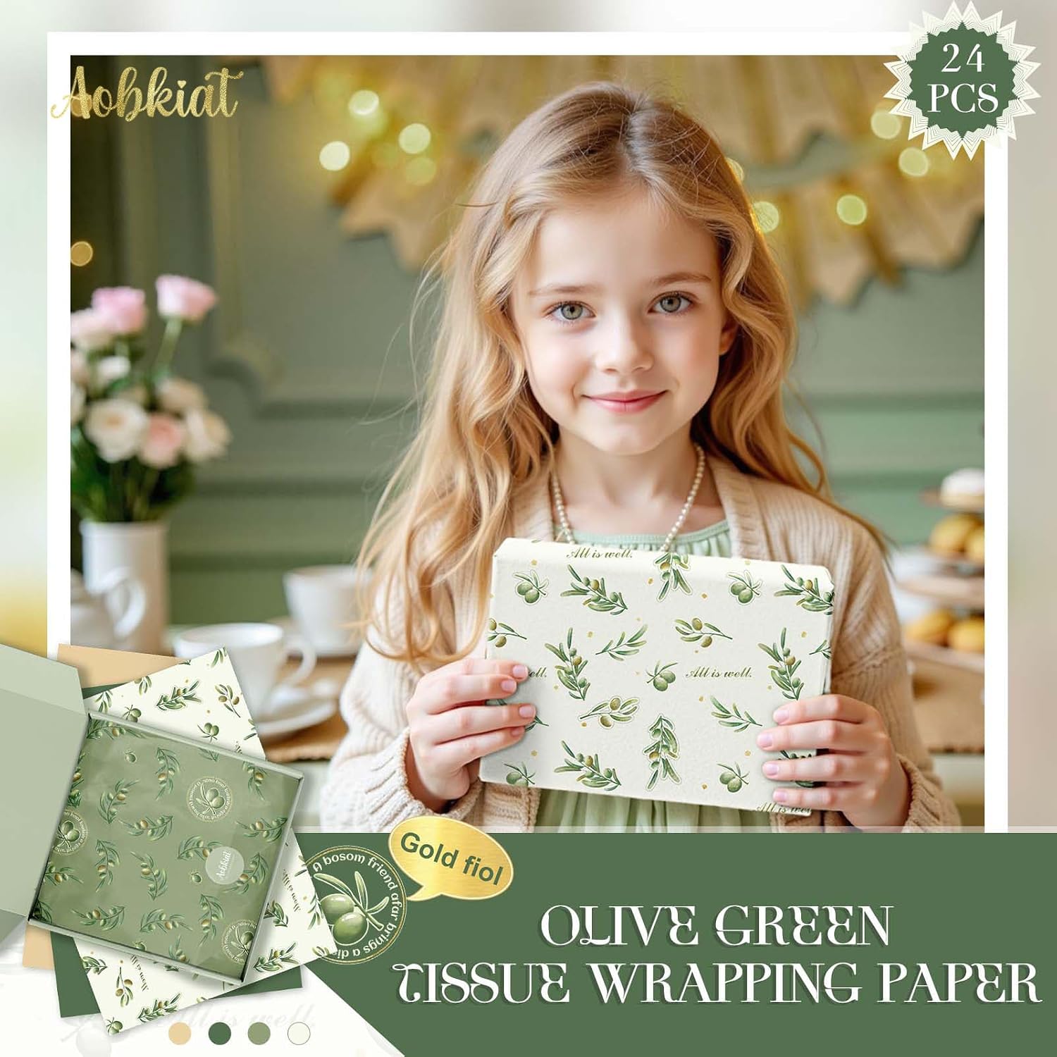 Aobkiat Christmas Green Olive Leaf Tissue Paper for Bags,24 Sheets