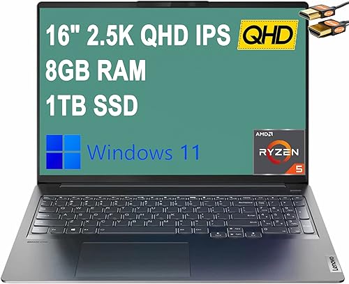 Lenovo Ideapad 5 Pro 16 Laptop Pantalla IPS QHD de 16 pulgadas (100% sRGB) AMD Hexa-Core Ryzen 5 5600H (Beats i7-9750H) 8GB RAM 1TB Teclado