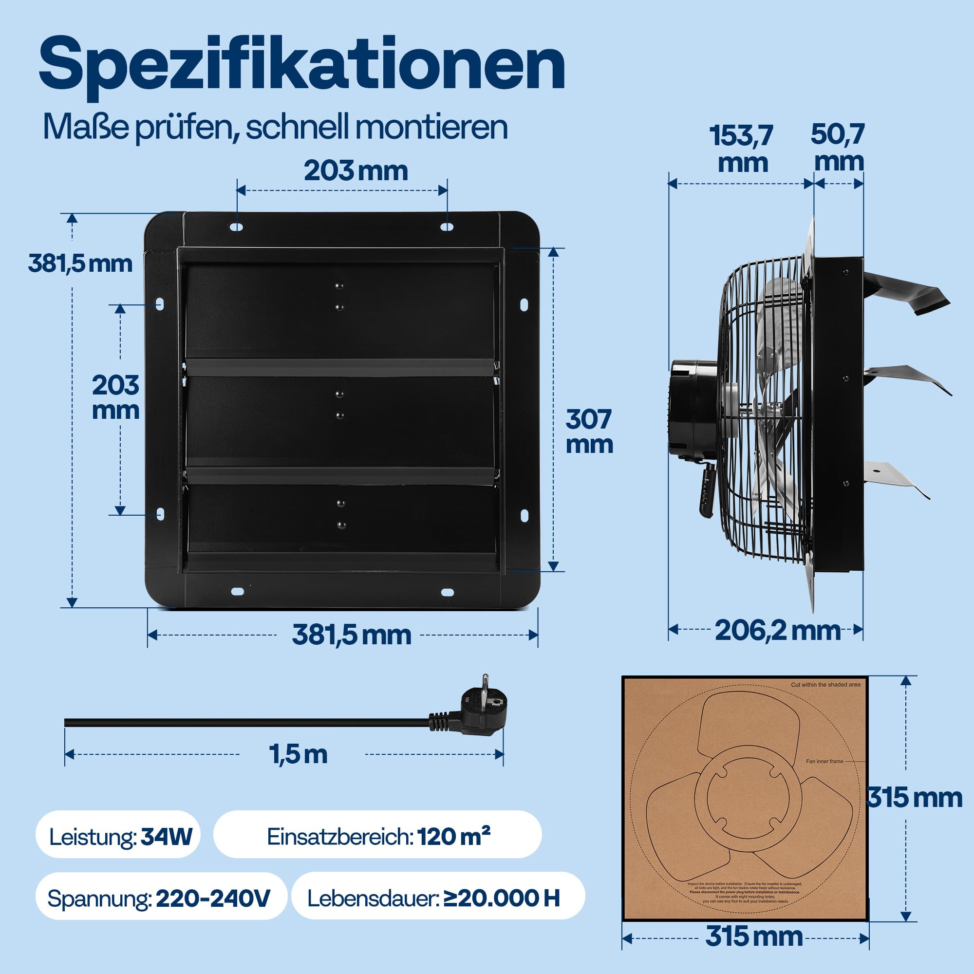 VIVOHOME 300mm Abluftventilator Industrie Wandventilator EC Motor 1305m³/h Timer Einstellbare Geschwindigkeit