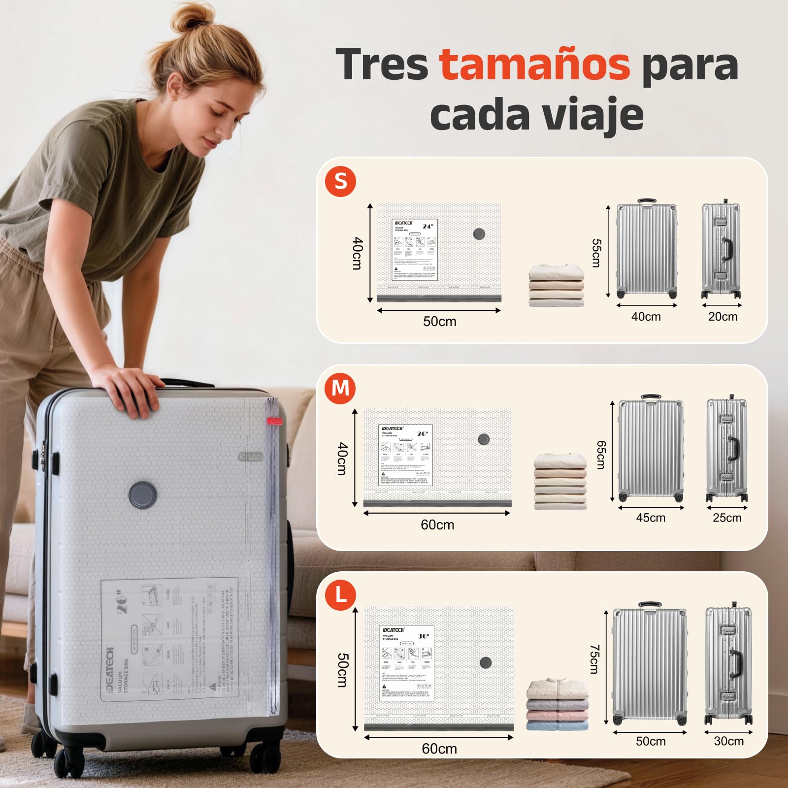 IDEATECH Bolsas de Almacenamiento al Vacío 15 Pack (5S 50x40cm+5M 60x40cm+5L 60x50cm) Reutilizables con Bomba USB para Ropa Edredones Mantas Viaje
