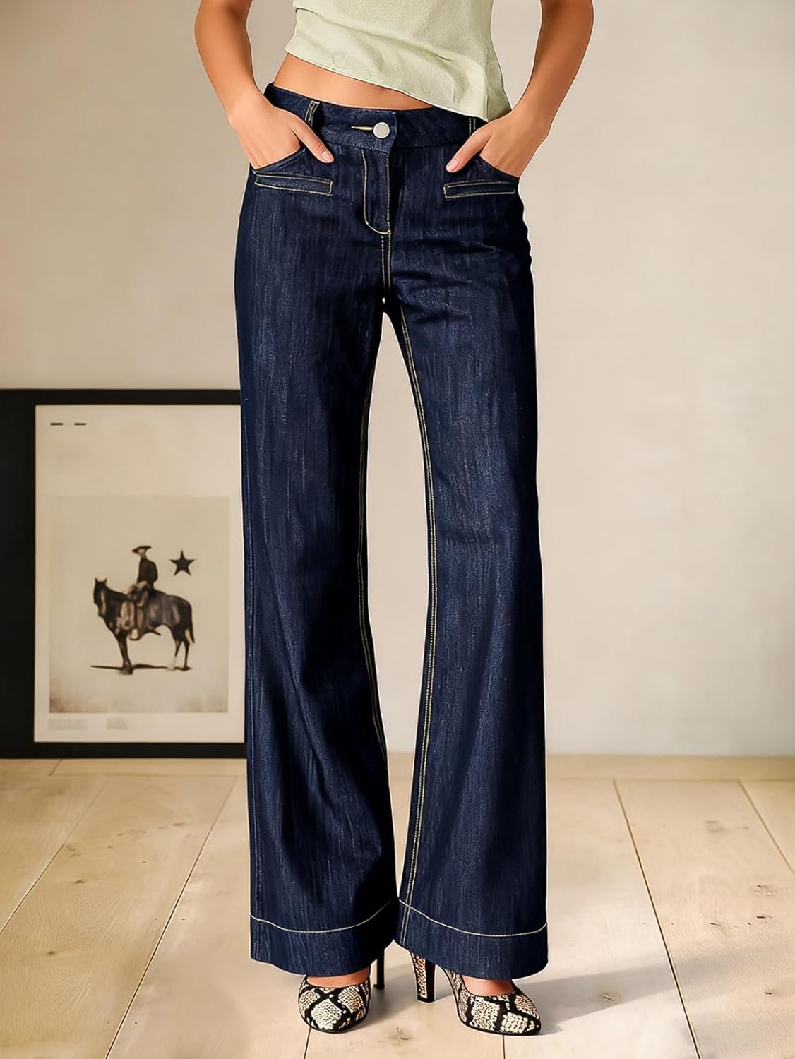 Flamingals Straight Leg Mid Rise Wash Welt Pocket Flap Decor Jeans for Women - Image 4