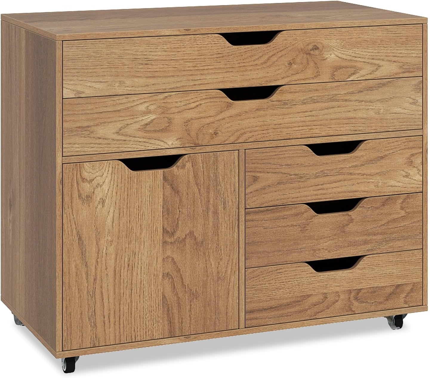 Mobile Filing Cabinet with 5 Drawers, 77.5 x 40 x 64 cm, Rollable Office Cabinet with Worktop, Wooden Drawer Cabinet with Wheels for Home, Office (Natural)