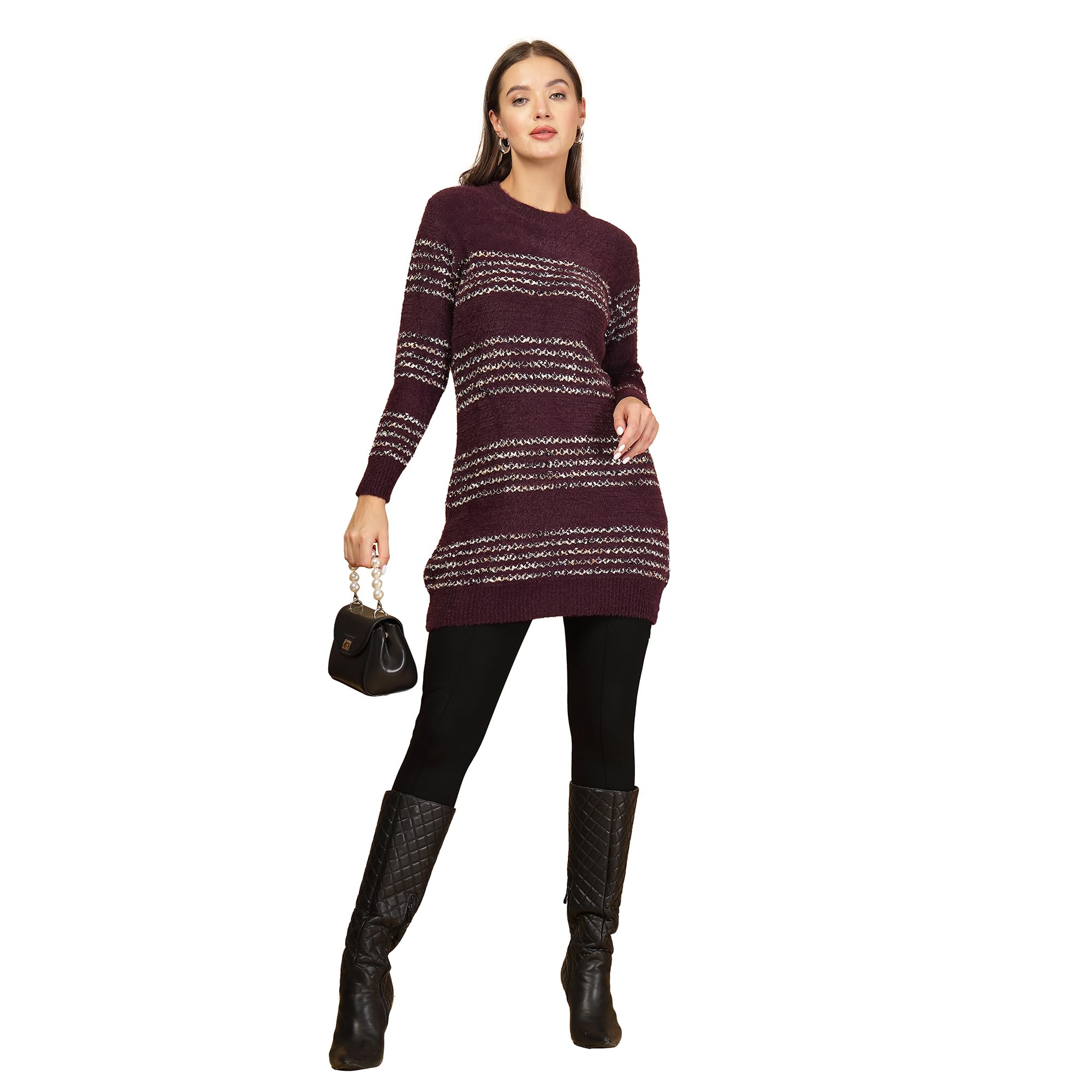 thirty threads Women Striped Longline Pullover Sweaters Purple_T5W 25510-picture-25
