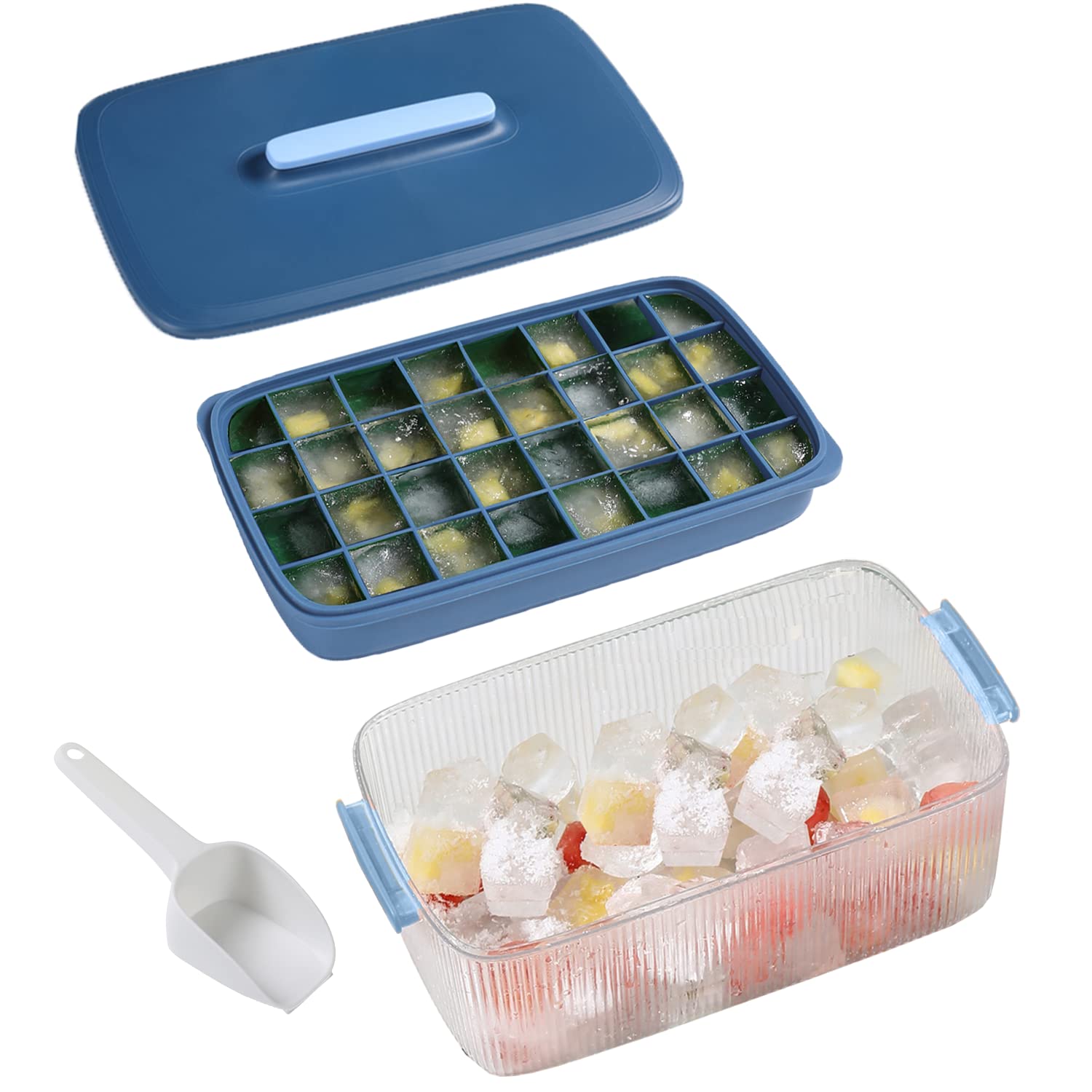 vikano Ice Cube Tray With Lid and Bin, Vikano Silicone Ice Tray For Freezer with Ice Container, Scoop and Cover, BPA Free Ice Blue Silicone suits 32 cubes with box jcy-426 silicone0426