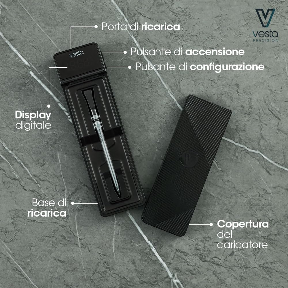 Vesta Precision Termometro Wireless per Barbecue Vestemp BP20 | Sonda di Cottura Intelligente con Bluetooth e Wi-Fi, display LED, Lavabile in Lavastoviglie, Durata della Batteria di 72h