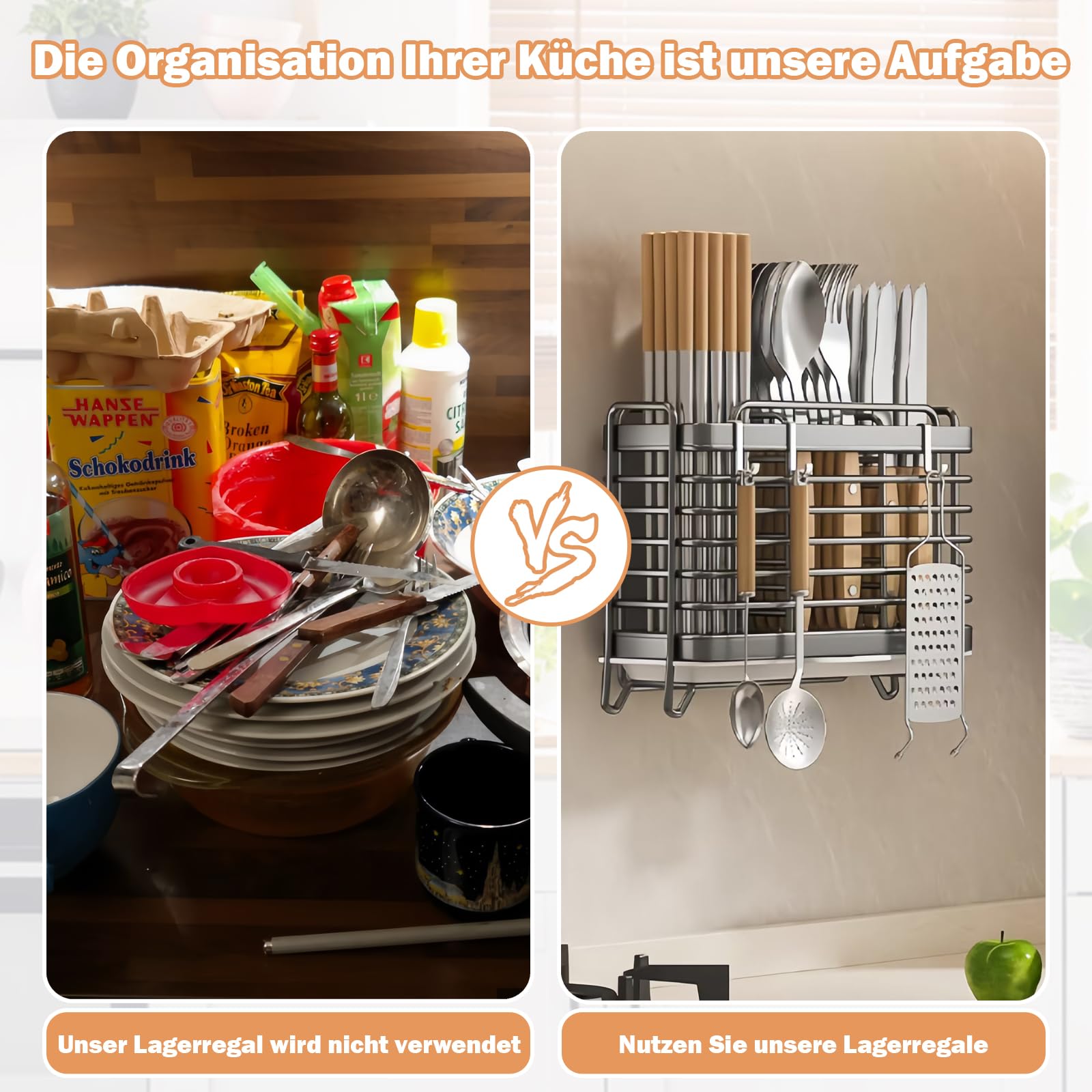 Porta posate, contenitore per utensili da cucina, porta posate a parete, adesivo senza tracce in acciaio al carbonio, contenitore per posate e utensili da cucina (nero)