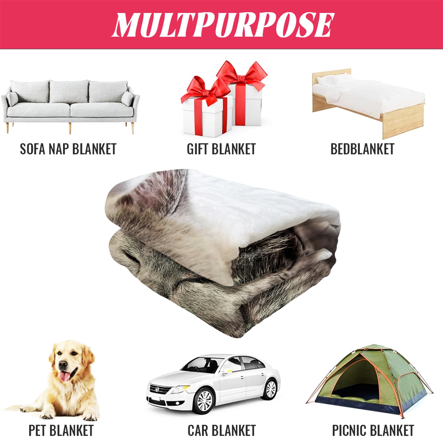 Yisumei Couverture douce en flanelle Motif chaton, Polyester, Blanc., 150x200 cm