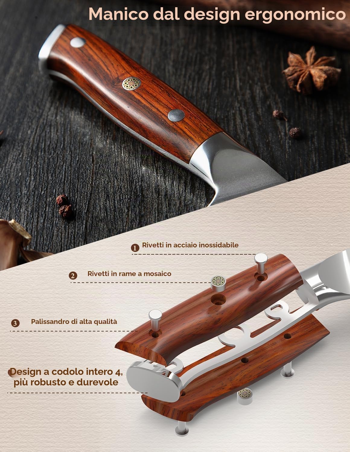 XINZUO Coltello da Chef 21cm Professionale Gyuto 10Cr15CoMoV Acciaio Damasco Manico Legno di Rosa