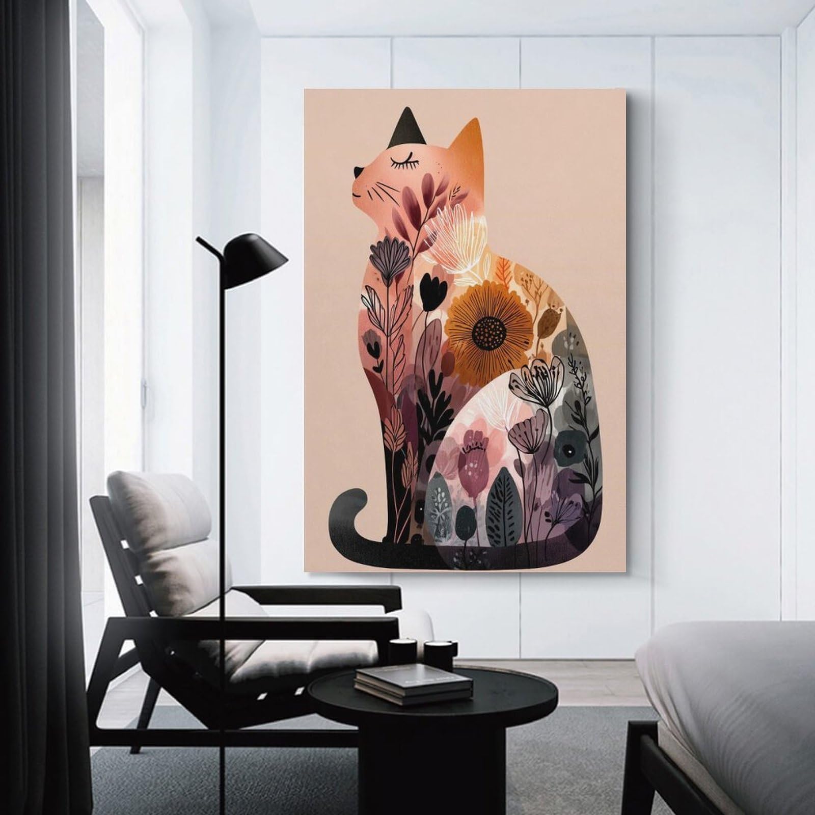 Junmoney Floral Cat Illustration Canvas Wall Decor 12x18inch(30x45cm), for Lounge, Study, Hallway Or Flat Walls, Canvas Wall Art That Fits Changing Layouts