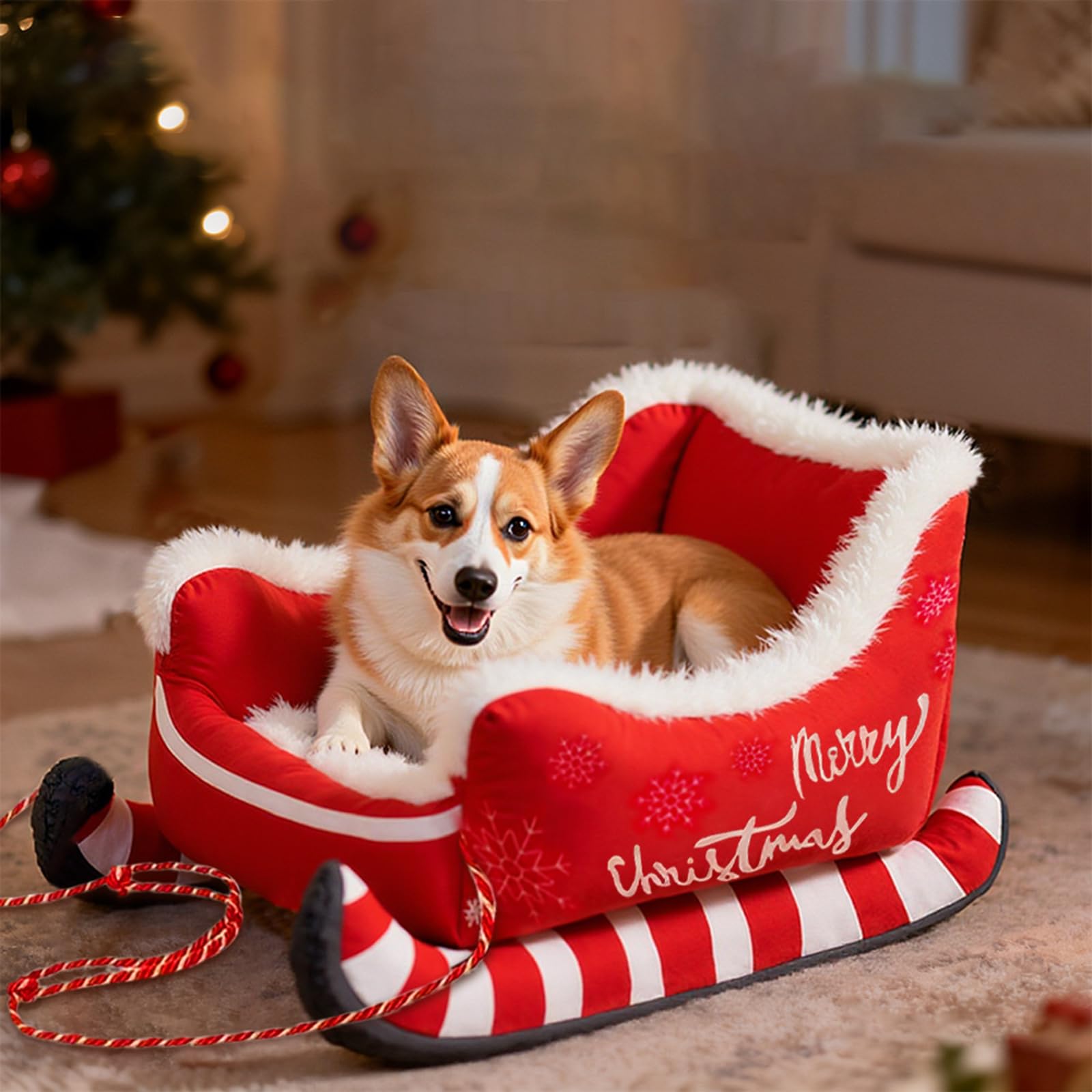 Festive Plush Cosy Dog Bed - Christmas Sleigh, Festliches Plüsch-Hundebett, Weihnachten Hundebett, Niedliche Katzenbett, Waschbar Rutschfest Weiche Haustierbett für kleine, große Hunde (Rot, L)