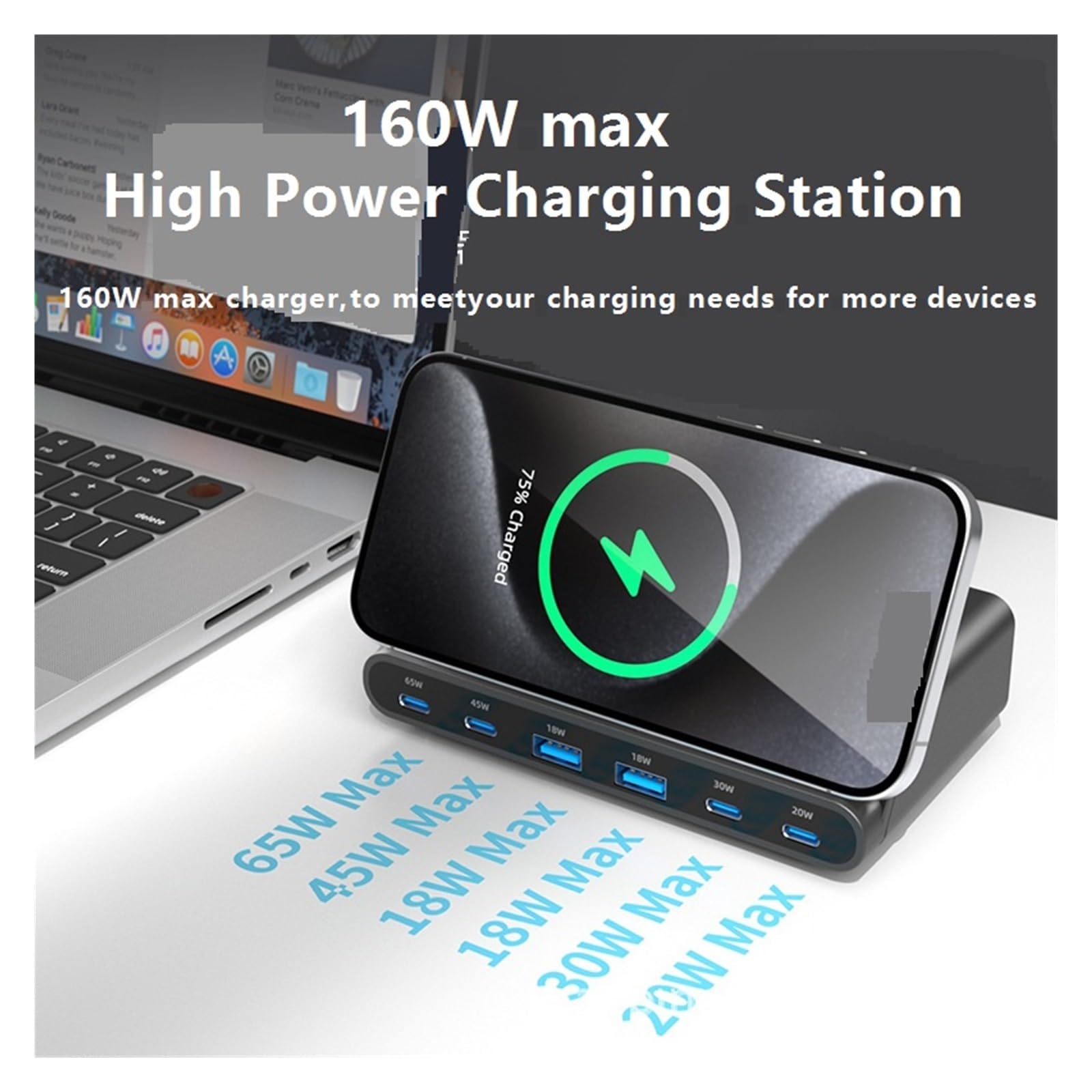 Stazione Di Ricarica USB Da 160 W Wireless Caricabatterie GaN 65 45 Caricatore Rapido For Tablet Portatile Capacità Di Ricarica Rapida