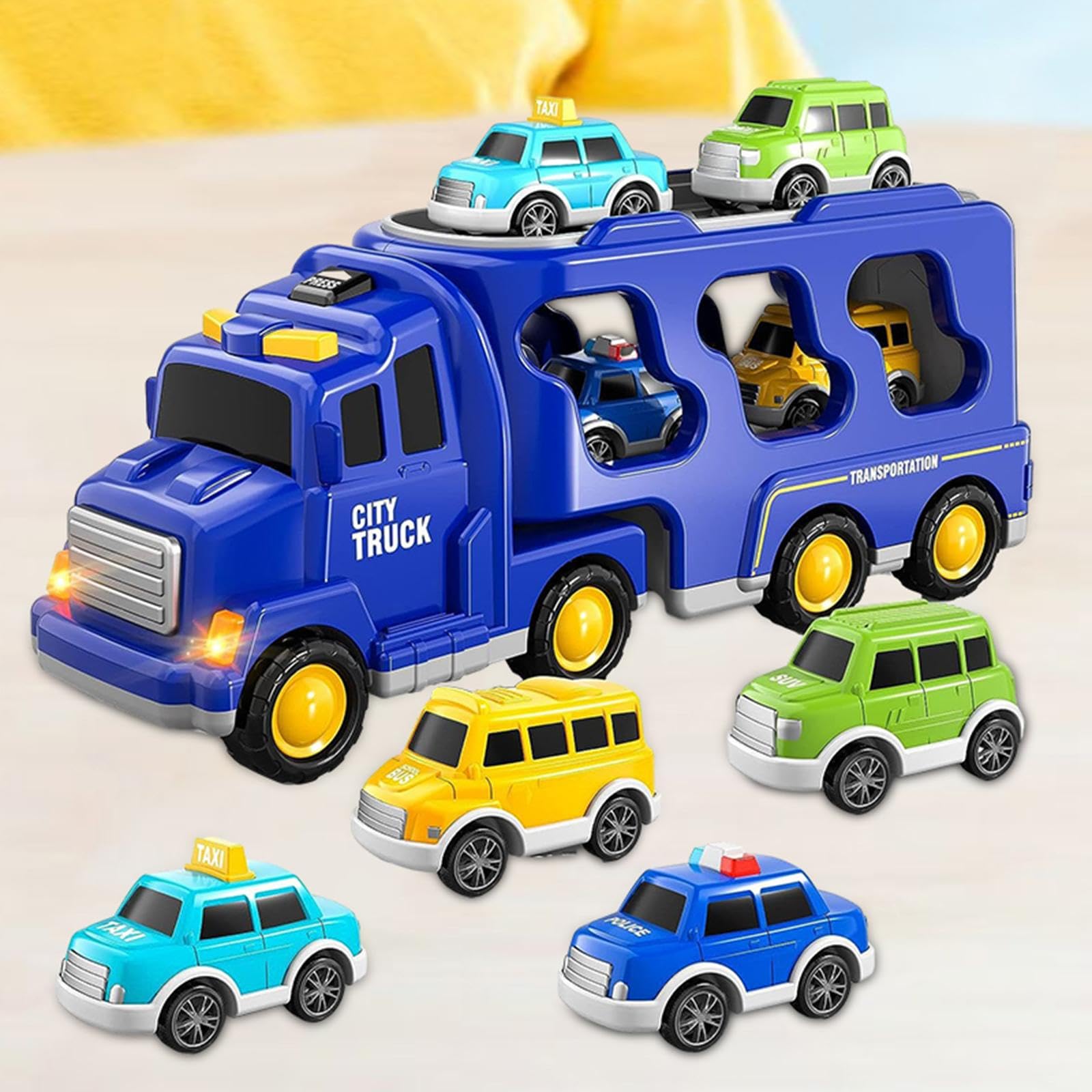 Reibungsbetriebener Spielzeug LKW mit Licht Und Soundeffekten, 7 in 1, für Jungen Und Mädchen, Blau