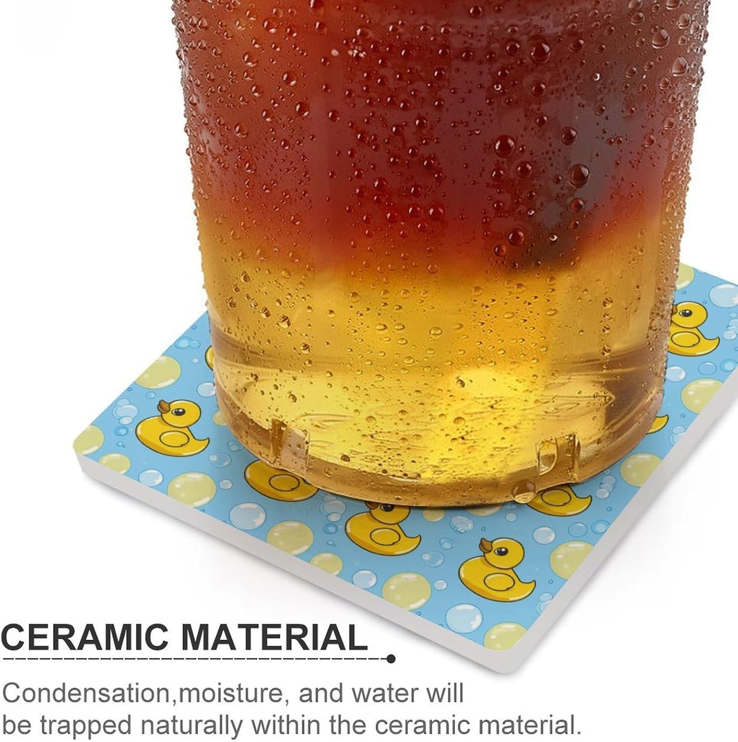 Yellow Rubber Duck and Bubbles Coaster for Drinks Square Ceramic Table Coasters Stone Mat Crafts 4PCS Home Kitchen Decor