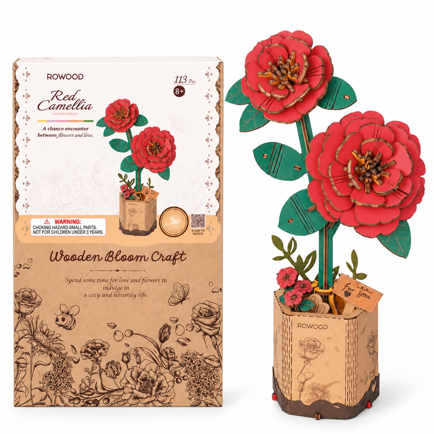 rowood Künstliche Blume Rote Kamelie, 3D Holzpuzzle DIY Modellbausatz