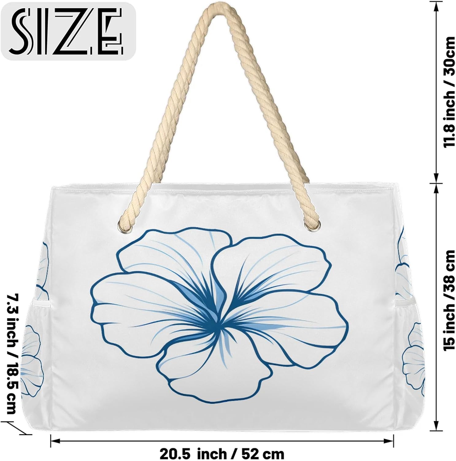 Blue Beach Tote Bags for Women with Zipper Floral Large Pool Bags for Swimming Travel Gym