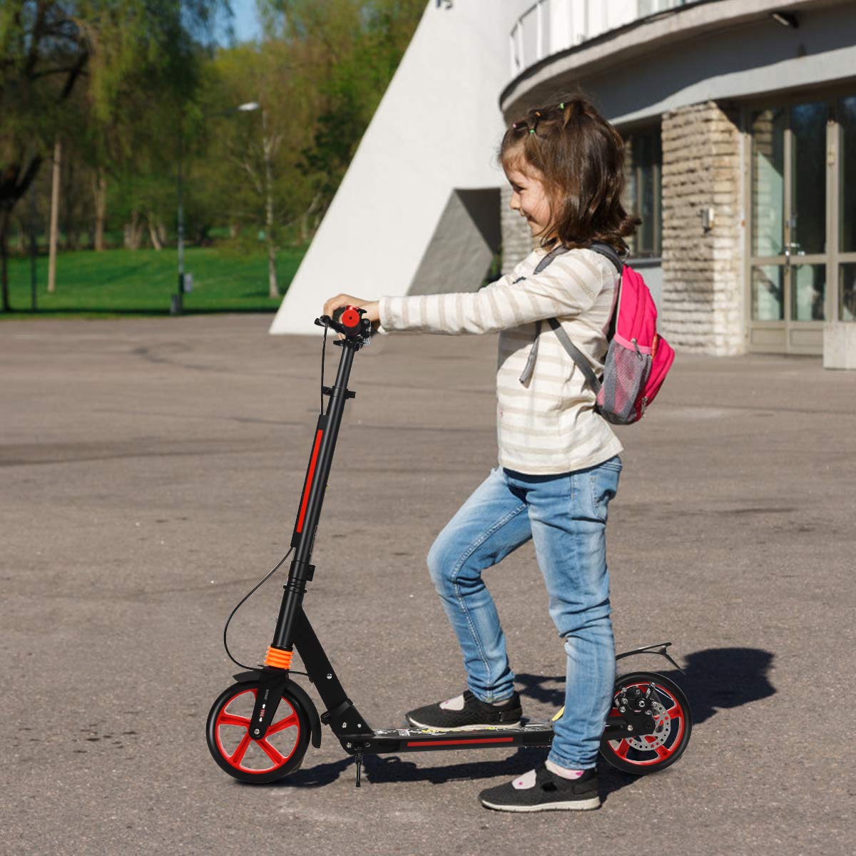 GYMAX Trottinette Enfants et Adultes, plus de 8 Ans, Trotinette Pliable à Hauteur Réglable, Charge Max 100 KG, Scooter en Alliage d'Aluminium avec Freinage Double, 95 x 37 x 86,5-101 CM
