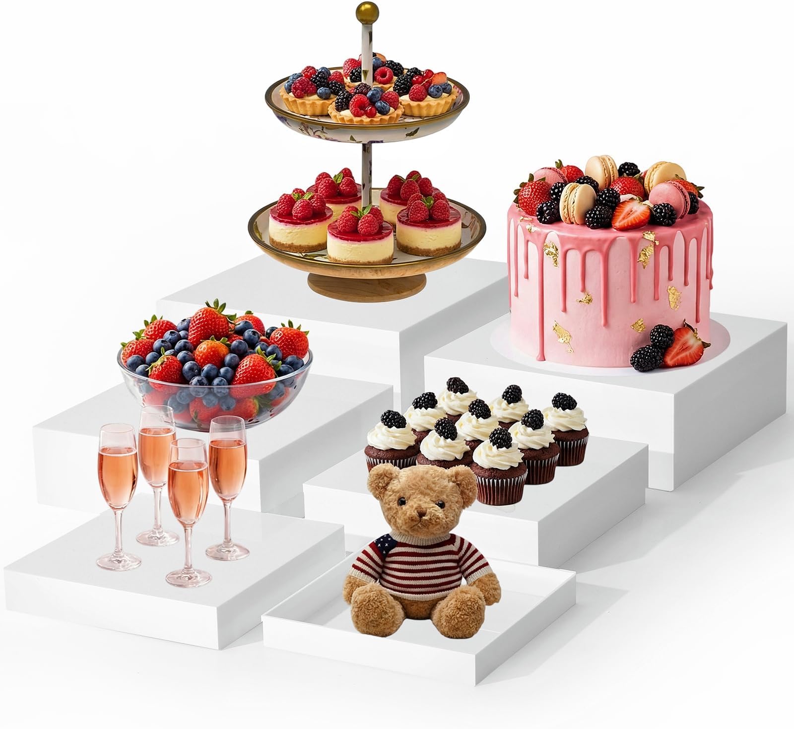 6 Pack Acrylic Risers for Display Acrylic Cube Boxes Risers Display Stands with Hollow Bottoms Decorative Stand for Jewelry Candy Table Decor 6 Sizes(White,7 to 12 Inch,Square)