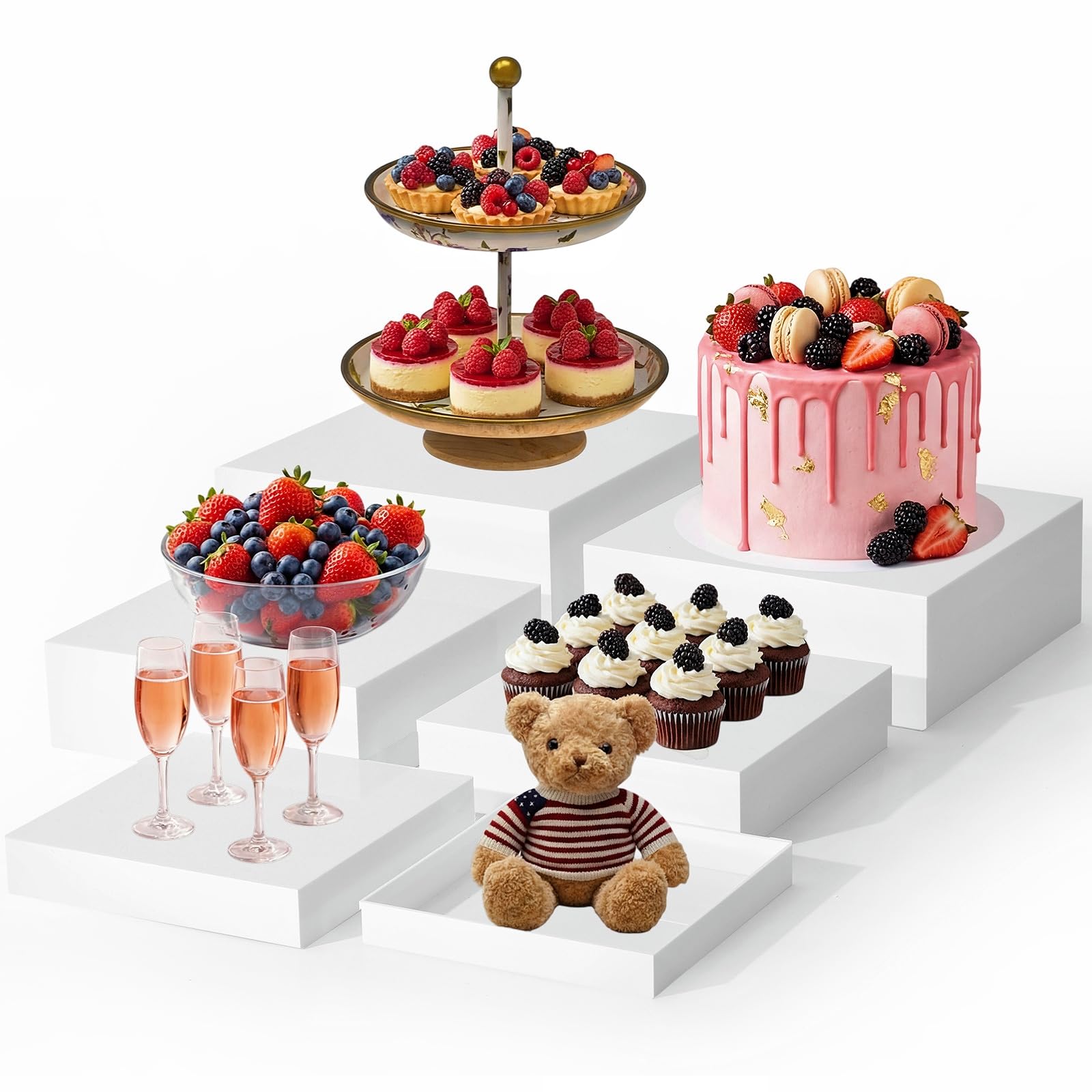 6 Pack Acrylic Risers for Display Acrylic Cube Boxes Risers Display Stands with Hollow Bottoms Decorative Stand for Jewelry Candy Table Decor 6 Sizes(White,7 to 12 Inch,Square)