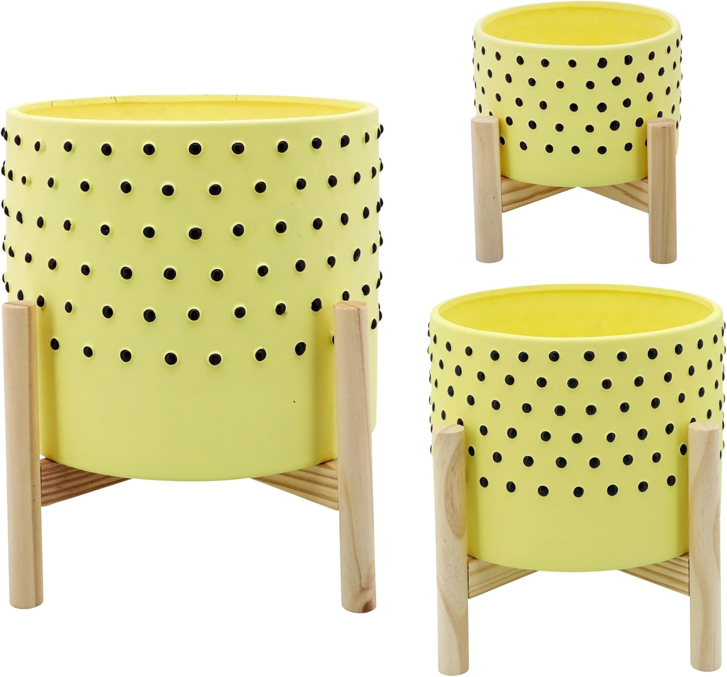 Ceramic Planter with Wooden Stand – Indoor or Outdoor Plant Stand for Living Room or Patio – Dotted Contemporary Design for Home Decor – Planter for Stylish Spaces – 10", Yellow & Black
