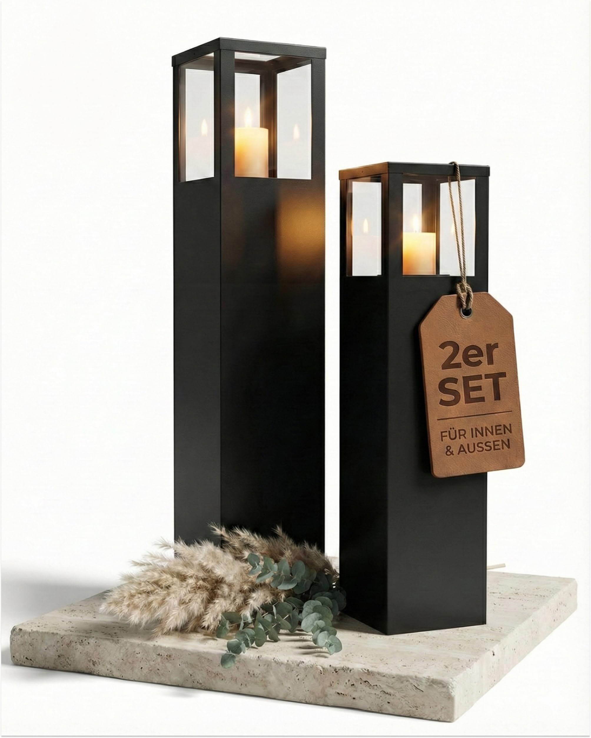 BENTSON Set di 2 colonne decorative per giardino, design industriale, lanterna da giardino per interni ed esterni, rettangolare, 95 cm + 75 cm