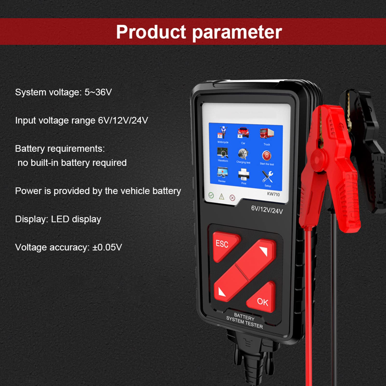 Tester Batteria Auto, 6‑24 V 100-2000CCA Tester Carico Batteria Luce di Promemoria Universale per Camion Moto