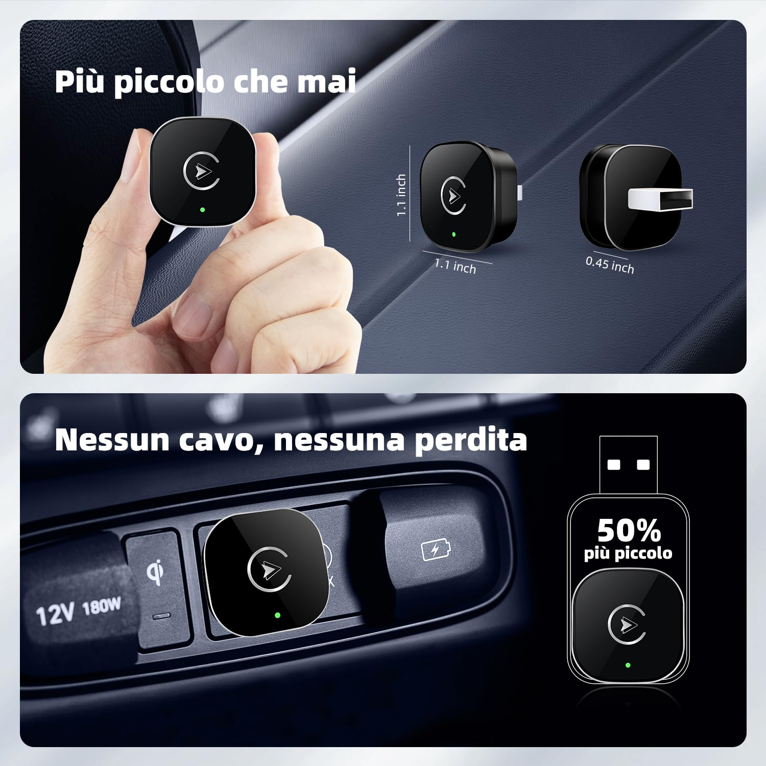 2026 Adattatore Wireless CarPlay, Design Mini USB per Auto con CarPlay Cablato, CarPlay Wireless Compatibile con iOS 10+ & iPhone 6+, USB/Tipo C, Plug & Play Connessione Bluetooth Stabile