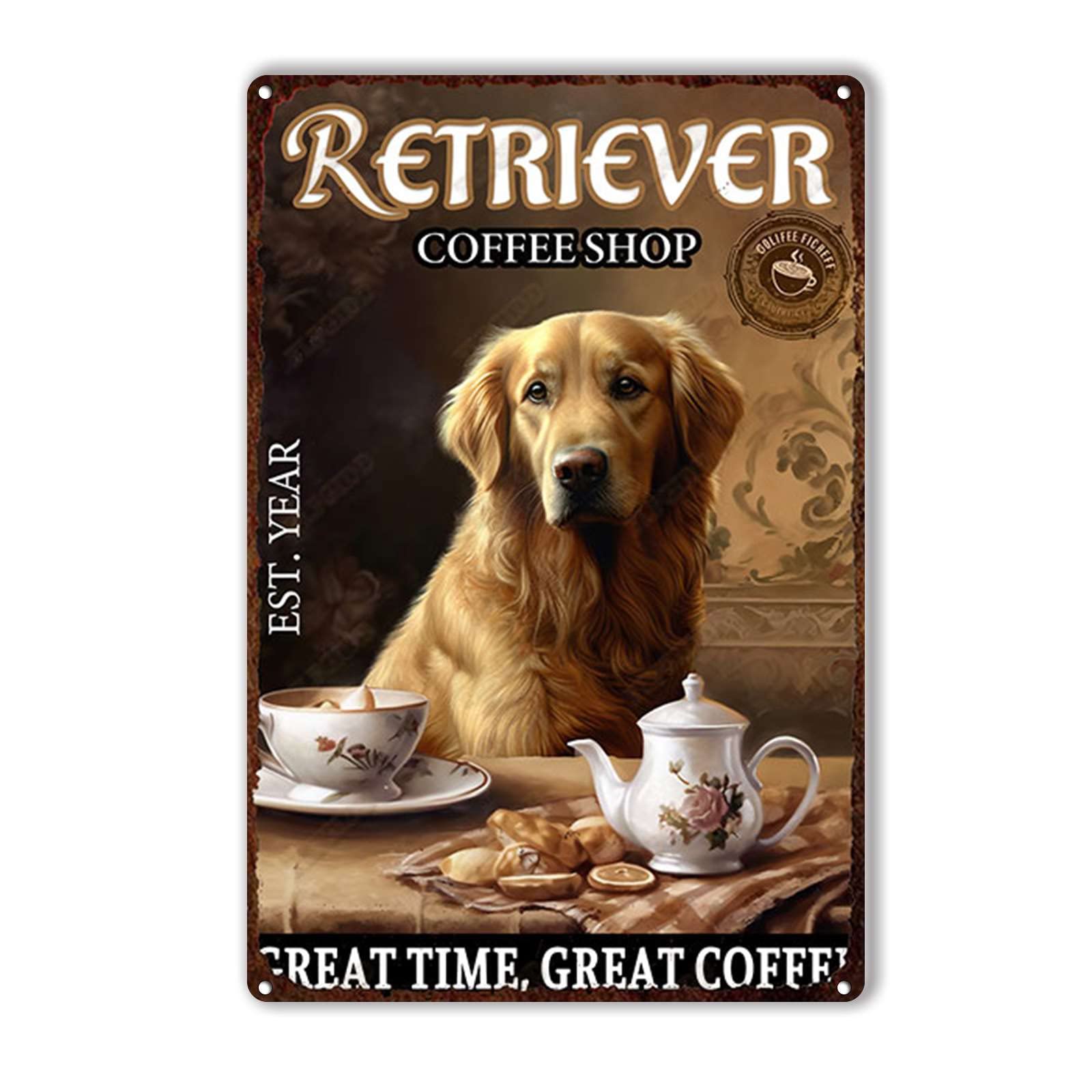Anceky Retriever Coffee Shop Dog Golden Retriever Tin Sign Vintage Metal Sign Wall Decor for Cafe Bar Kitchen Yard Gate 12×8 Inch