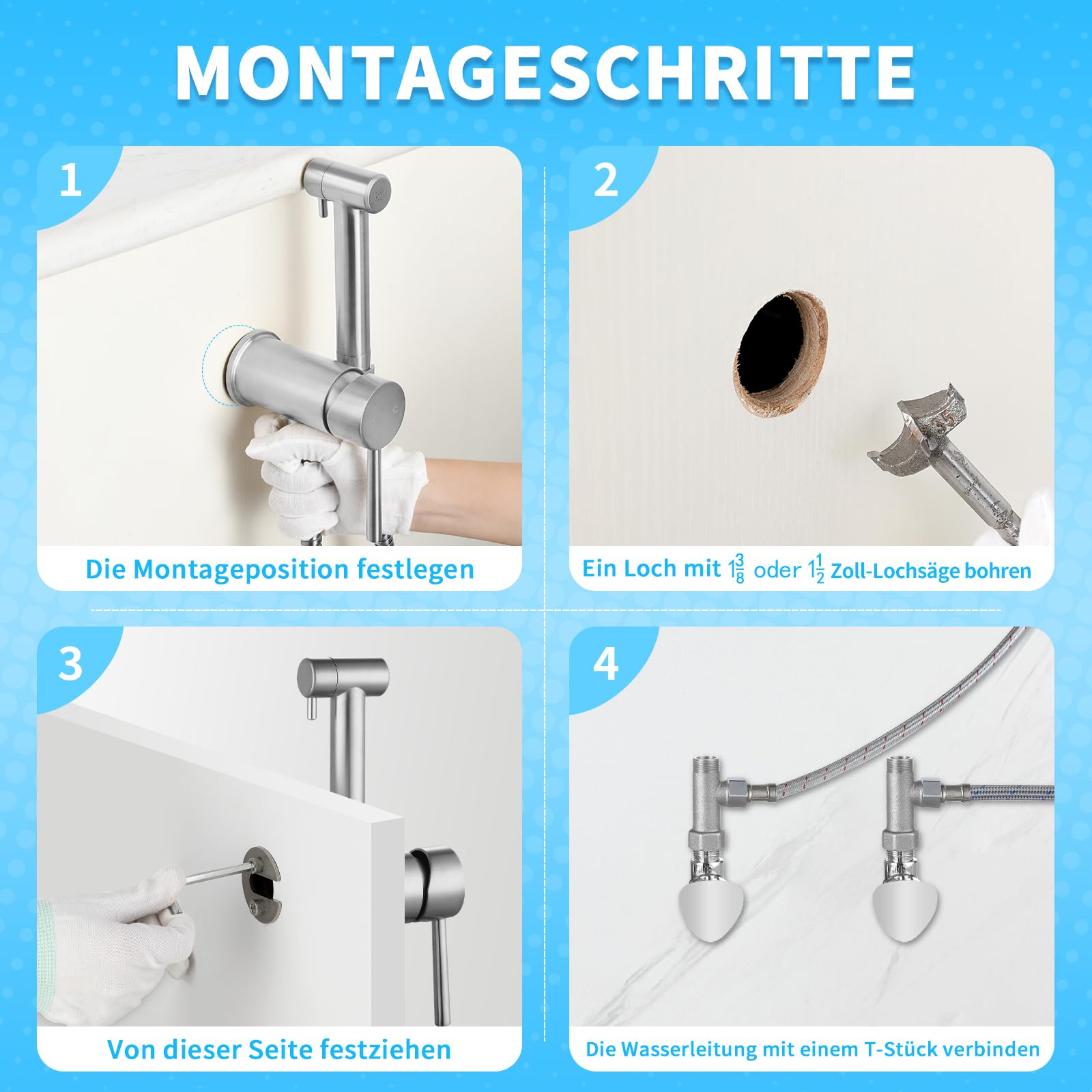 Edelstahl Bidet Handbrause mit Nickel Mattfinish inklusive Kalt-Warmwasser-Funktion sowie G1/2 Zoll und G3/8 Zoll Toilettenventil zur seitlichen Montage am Badezimmerschrank