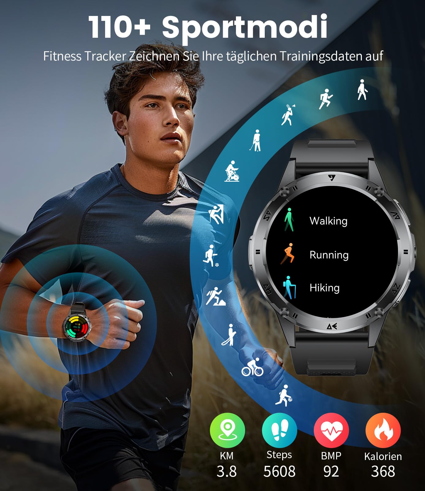 FITFLEX Smartwatch Herren Militär mit Telefonfunktion, 1,43'' AMOLED Smart Watch mit 530mAh Akku, Taschenlampe, Herzfrequenz, Schlafmonitor, 120+Sportmodi IP68 Wasserdicht Sportuhr für Android iOS