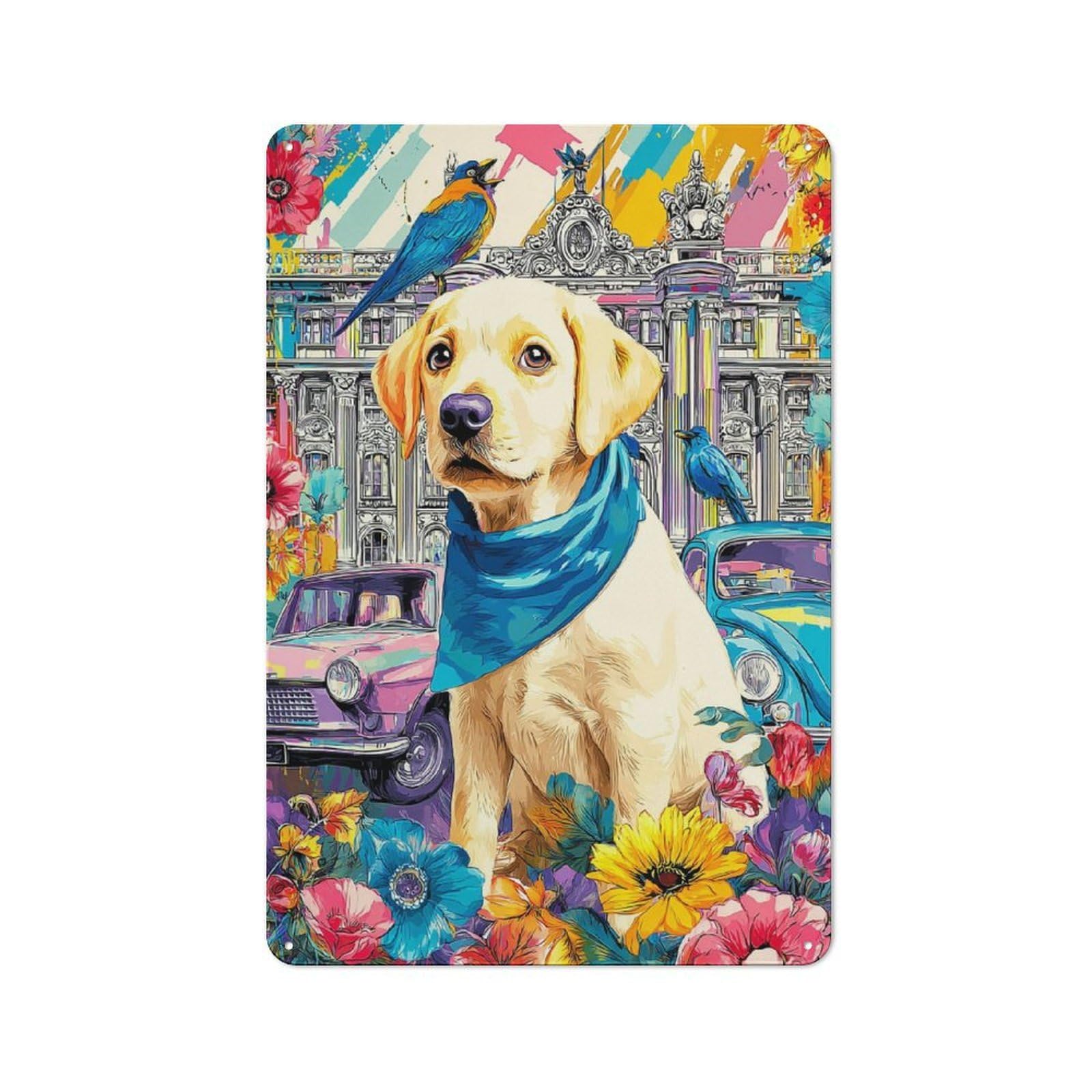 Junmoney Colorful Cityscape With Dog And Flowers Cafe Style Metal Wall Decor 30X20cm, Vintage Metal Sign For Coffee Bar, Small Shop Or Dining Room