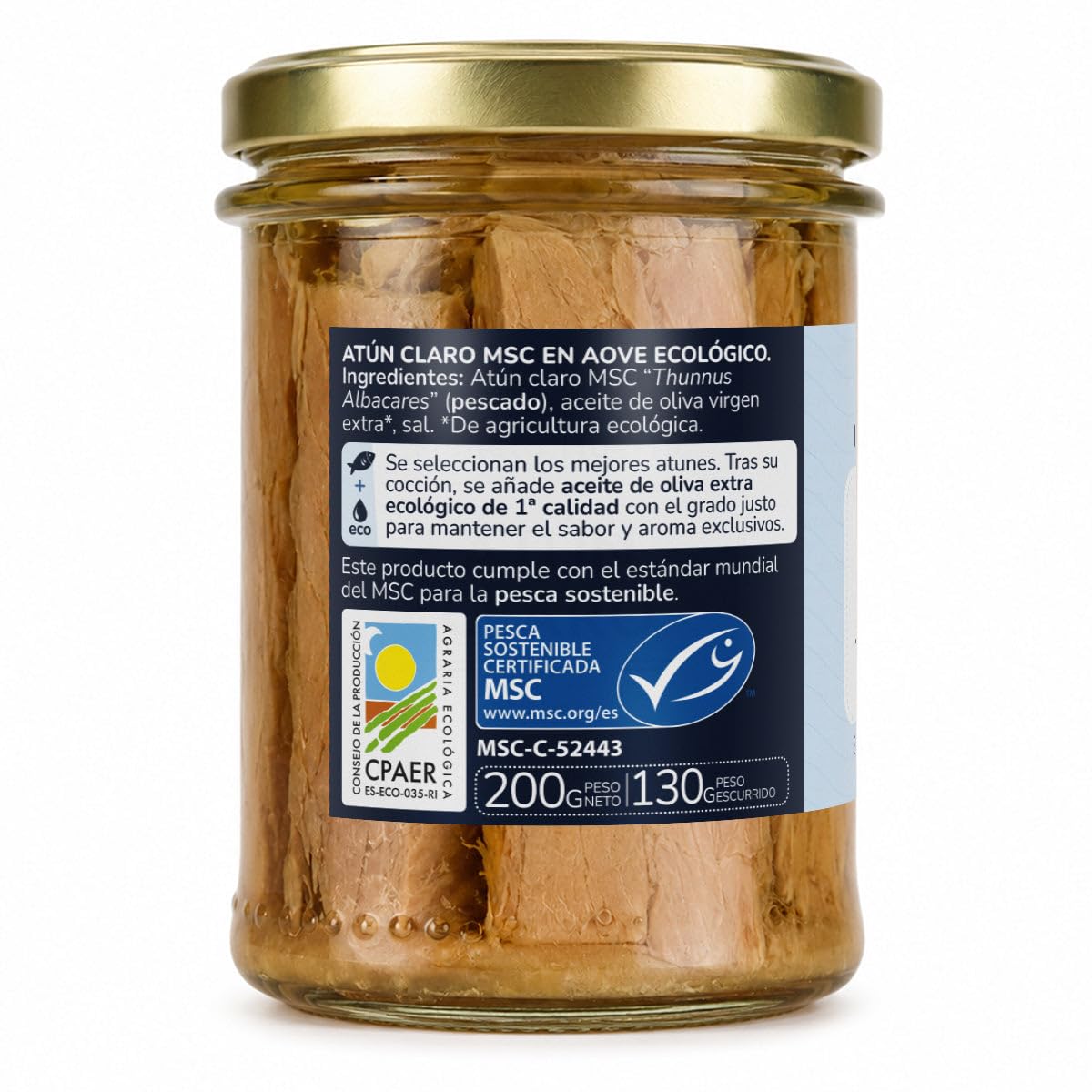 PLANETA HUERTO | Pack 6x Atún Claro MSC en Aceite de Oliva Virgen Extra ECO 200 g - Thunnus Albacares, Pesca Sostenible Certificada, 130 g Escurrido, Sin Aditivos ni Conservantes, Tarro de Cristal