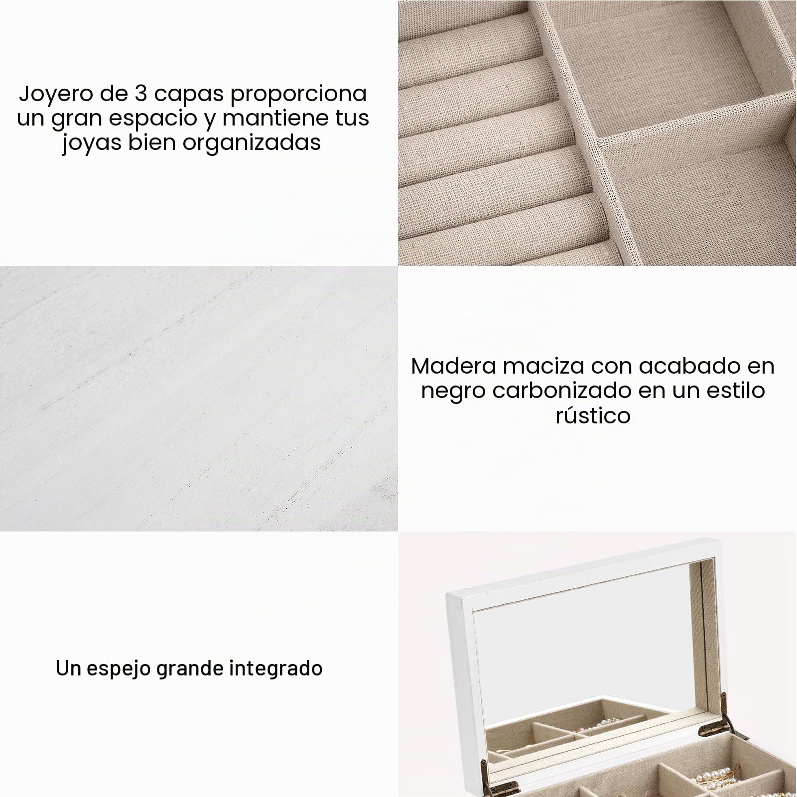 Meangood Joyero organizador para mujer, 3 capas, grande, joyero de madera rústica con espejo y bandeja de anillos para collares, aretes, pulseras, anillos, estilo vintage (blanco)