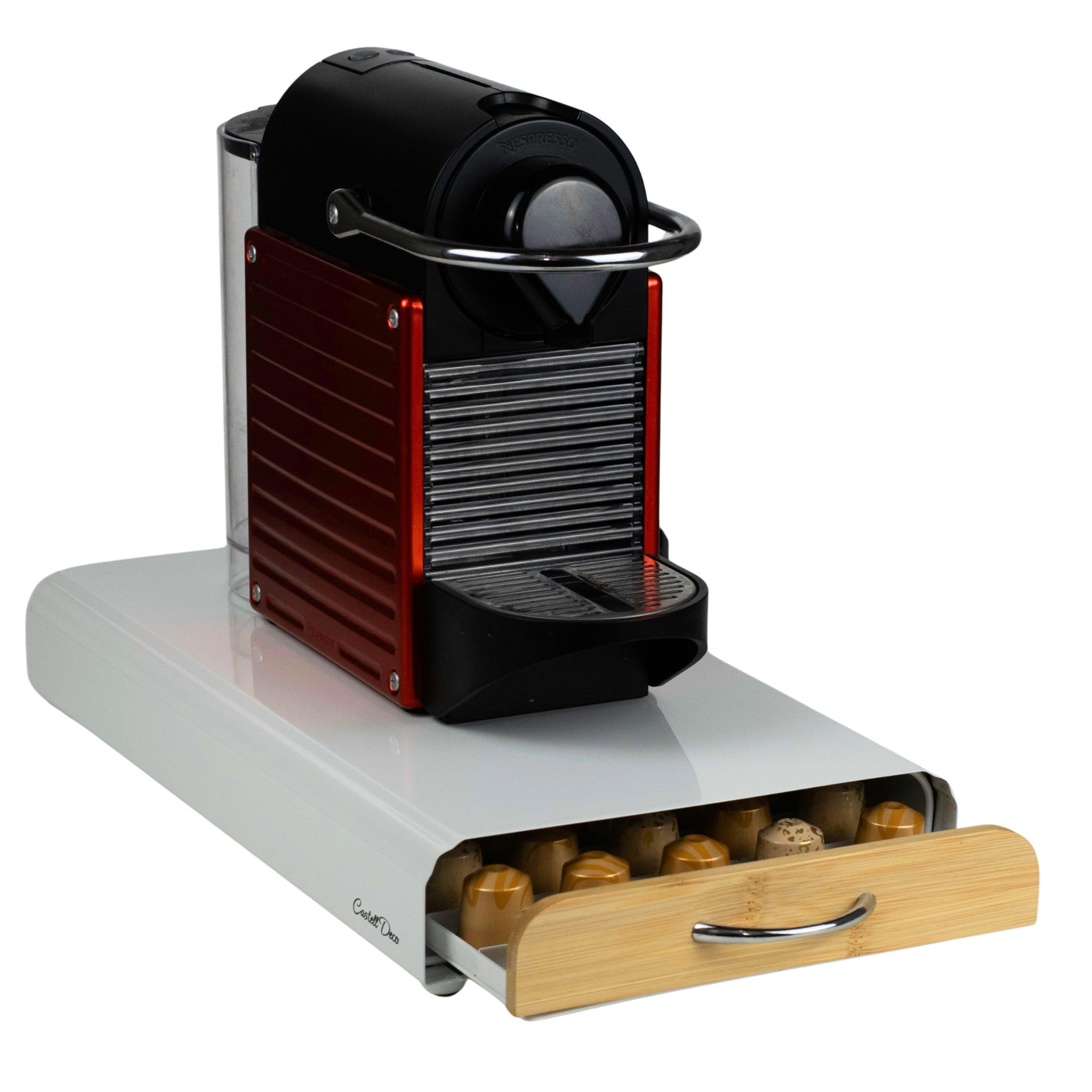 Cajón Cafe Soporte Organizador compatible con Capsulas Nespresso, 100% Metal y Madera, Capacidad 50x, Para almacenar dispensador Capsulas de Café. (Bambu)