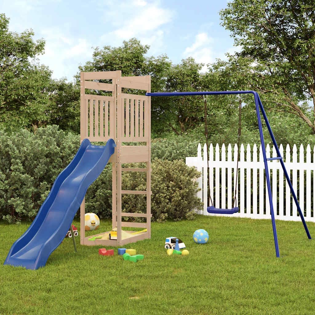 Outdoor Playset Natural Wood Solid Pine Wood Large Seats Single Swing Wavy Slide Sturdy Frame Anchors Included for Stability and Safety