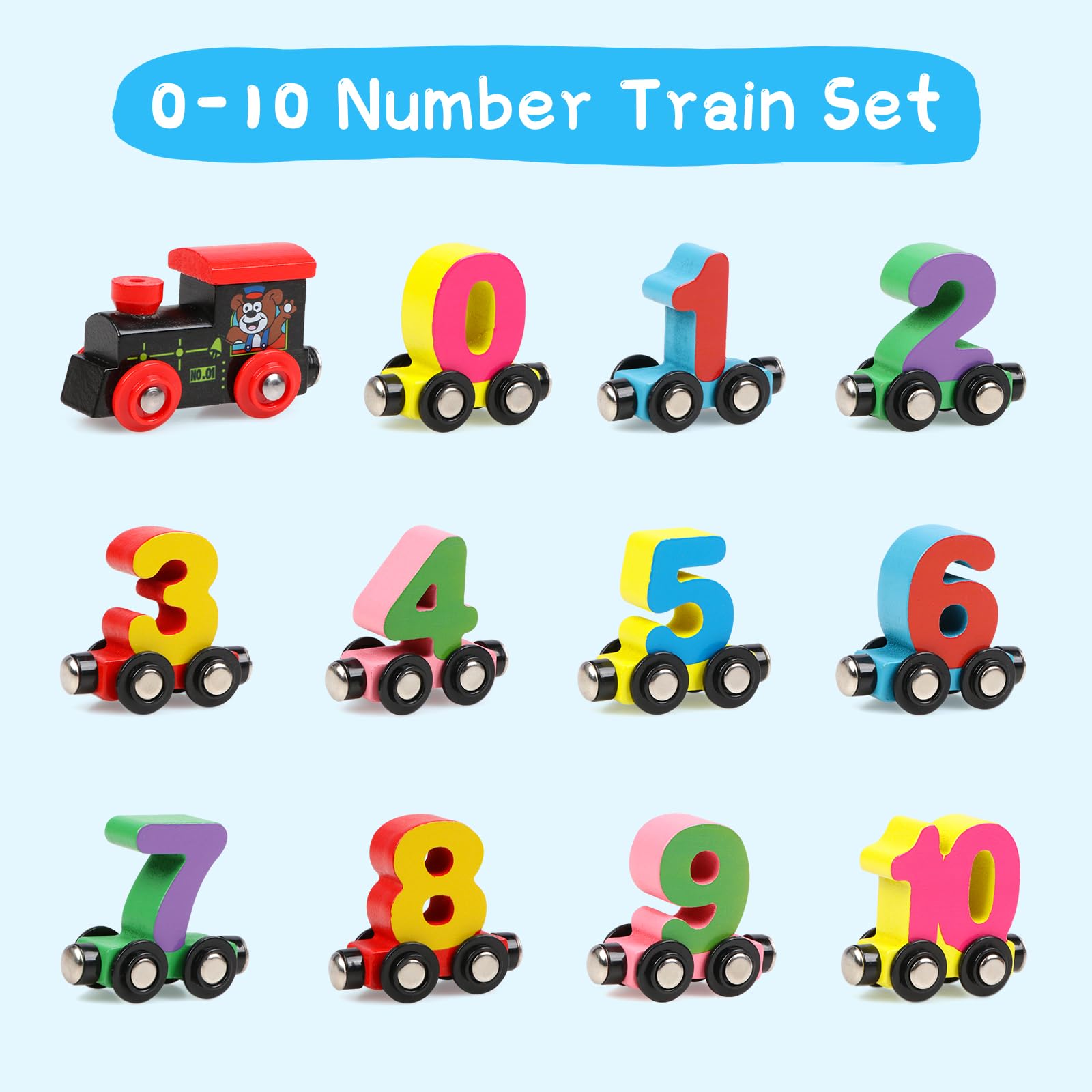 jacootoys Jacoboys 12PCS Enfants en Bois Aimant numéro Train Set, 3-5 Ans Bambin numéro Voiture, garçons et Filles Montessori Toy Gift
