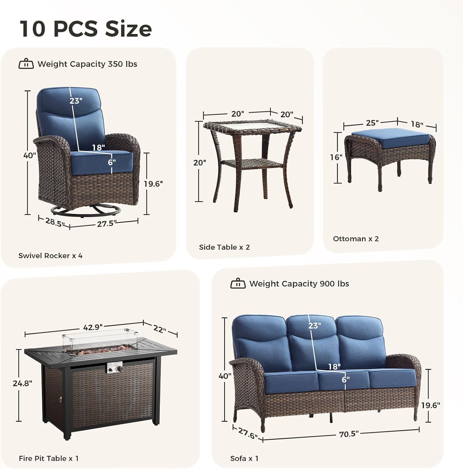 Luxury Patio Furniture Set with Fire Pit Table, Outdoor Furniture Set with High Back Swivel Chairs & 6-inch Thick Cushions, 10 PCS Fire Pit Patio Set for Yard, Deck, Poolside, Brown/Blue