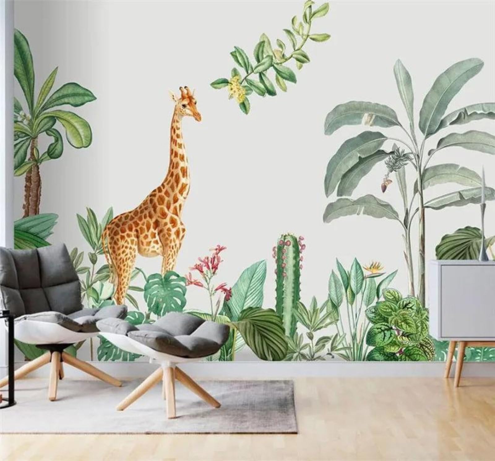 Tzxztt 300Cm×210Cm(B×H) Hand Drawn Tropical Plants Animals Giraffe Modern 3D Wallpaper Premium Textured Silk Neutral Tones Material Ideal For Living Room Bedroom-300Cm×210Cm