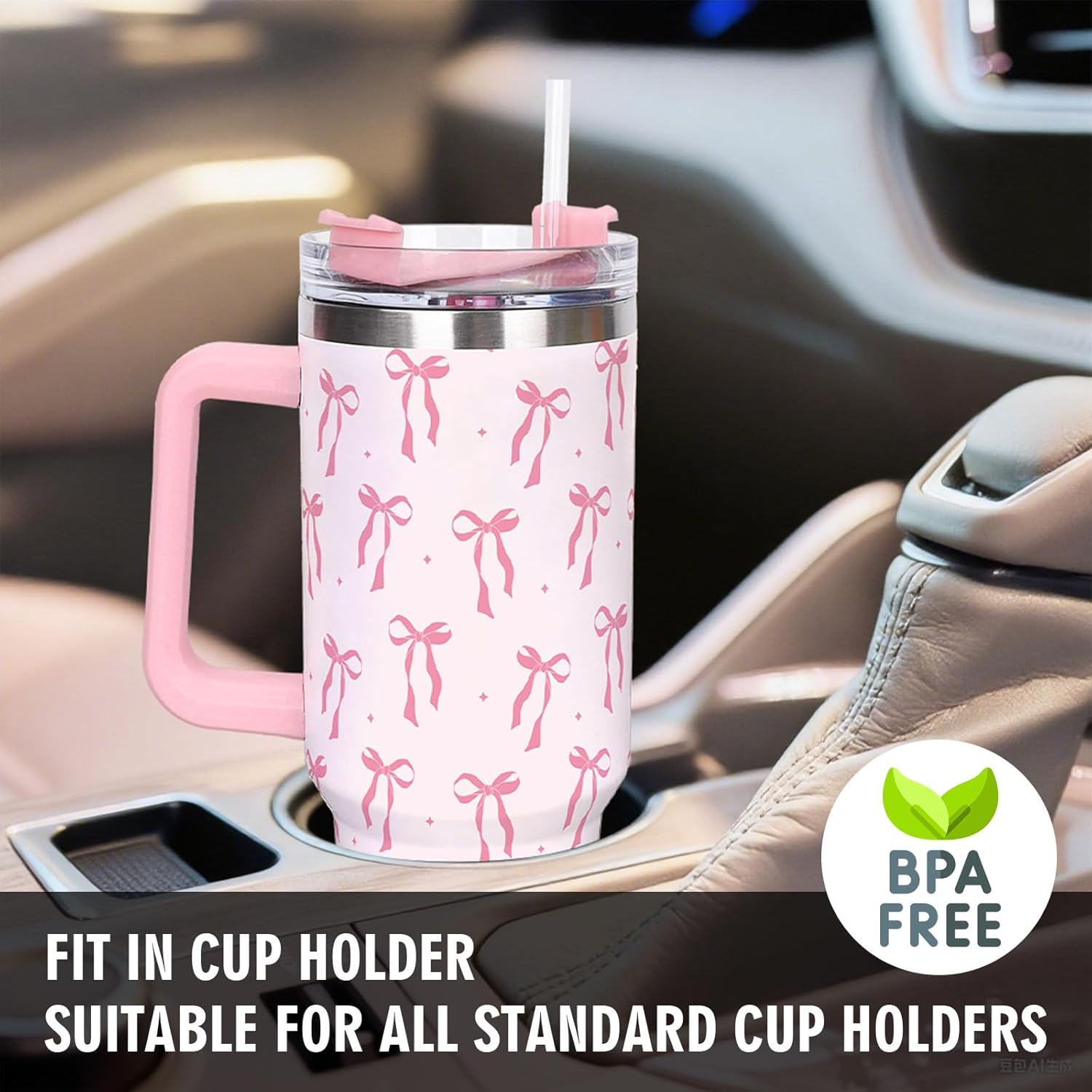 Whaline 30oz Pink Bow Tumbler with Handle Straw and Lid Travel Tumbler Coquette Bowknot Coffee Cup for Women Friend Holiday Birthday Party Home Office - Image 6