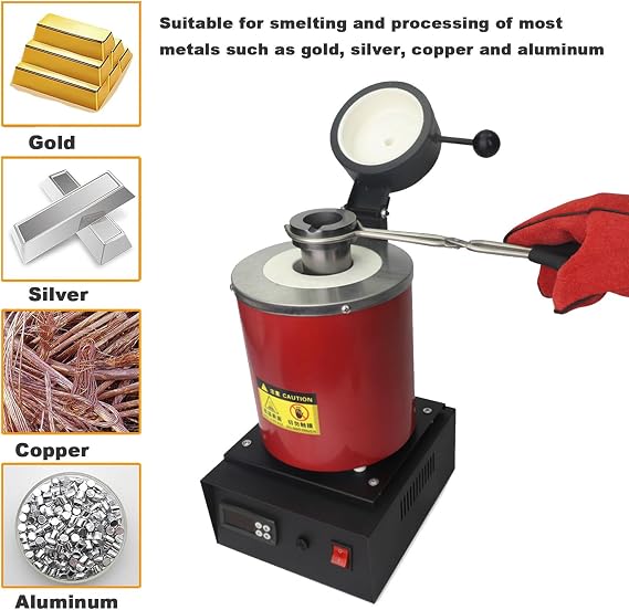 Electric Gold Smelting Furnace - Digital Metal Melting Machine Kit for Refining Gold Silver, with Graphite Crucible, Pliers, and Gloves (Red No Network 1kg)