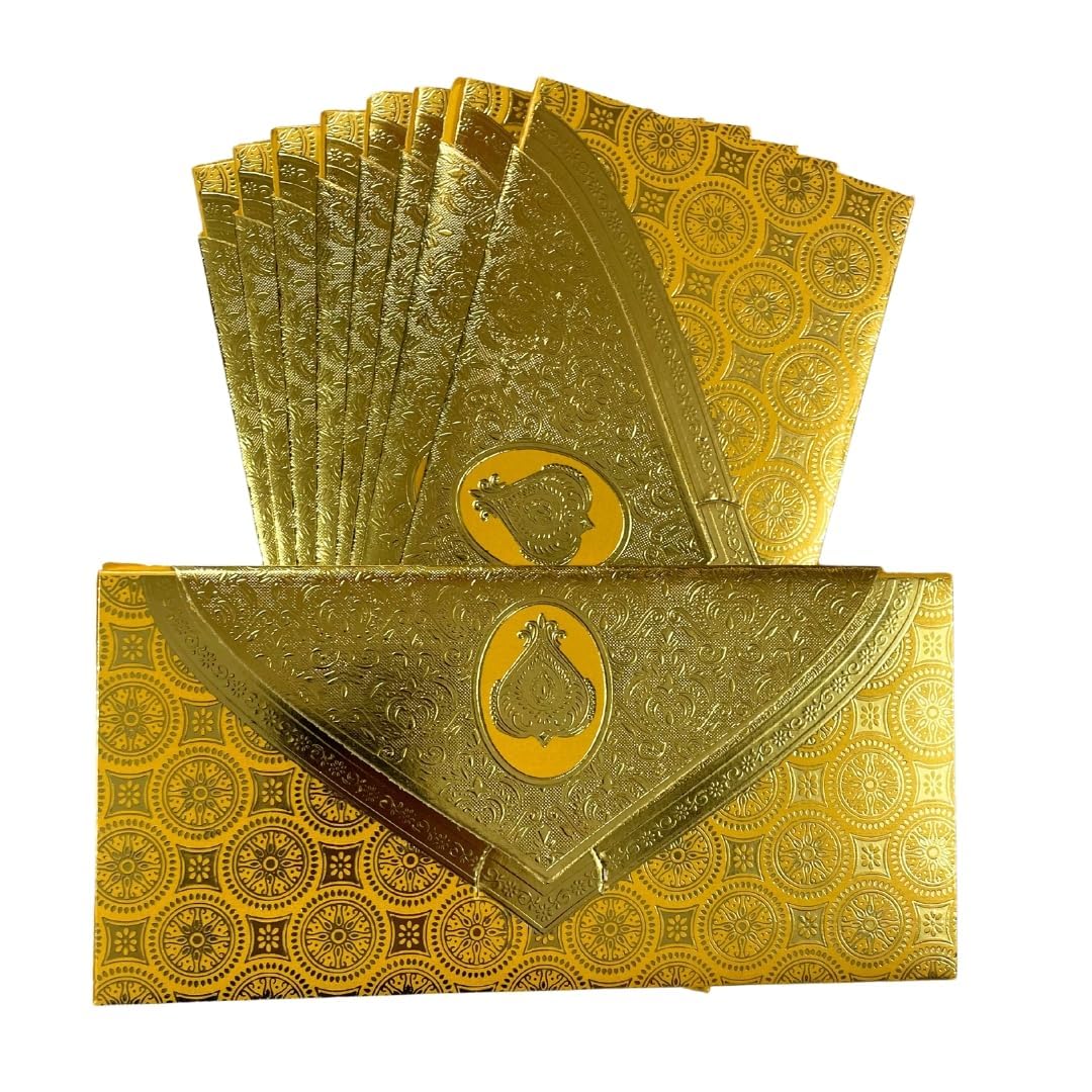 Aywal Pack of 10, 3 Fold Taj Royal Design Shagun Envelopes for Gifting Cash Money Cover Metallic Finish Paper Tuck Flap Designer Fancy Sagan Lifafa Wedding, 19 X 9 cm, Creamish Orange Color