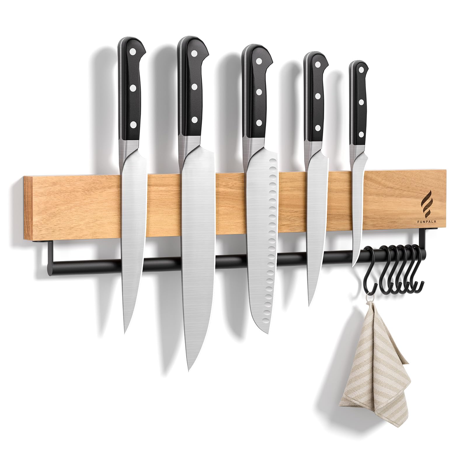 Magnetleiste Messer mit 6 Haken, 40 cm Messerhalter Holz mit Extra Starkem Magnet, Messerhalter Magnetisch für Utensilien und Werkzeuge