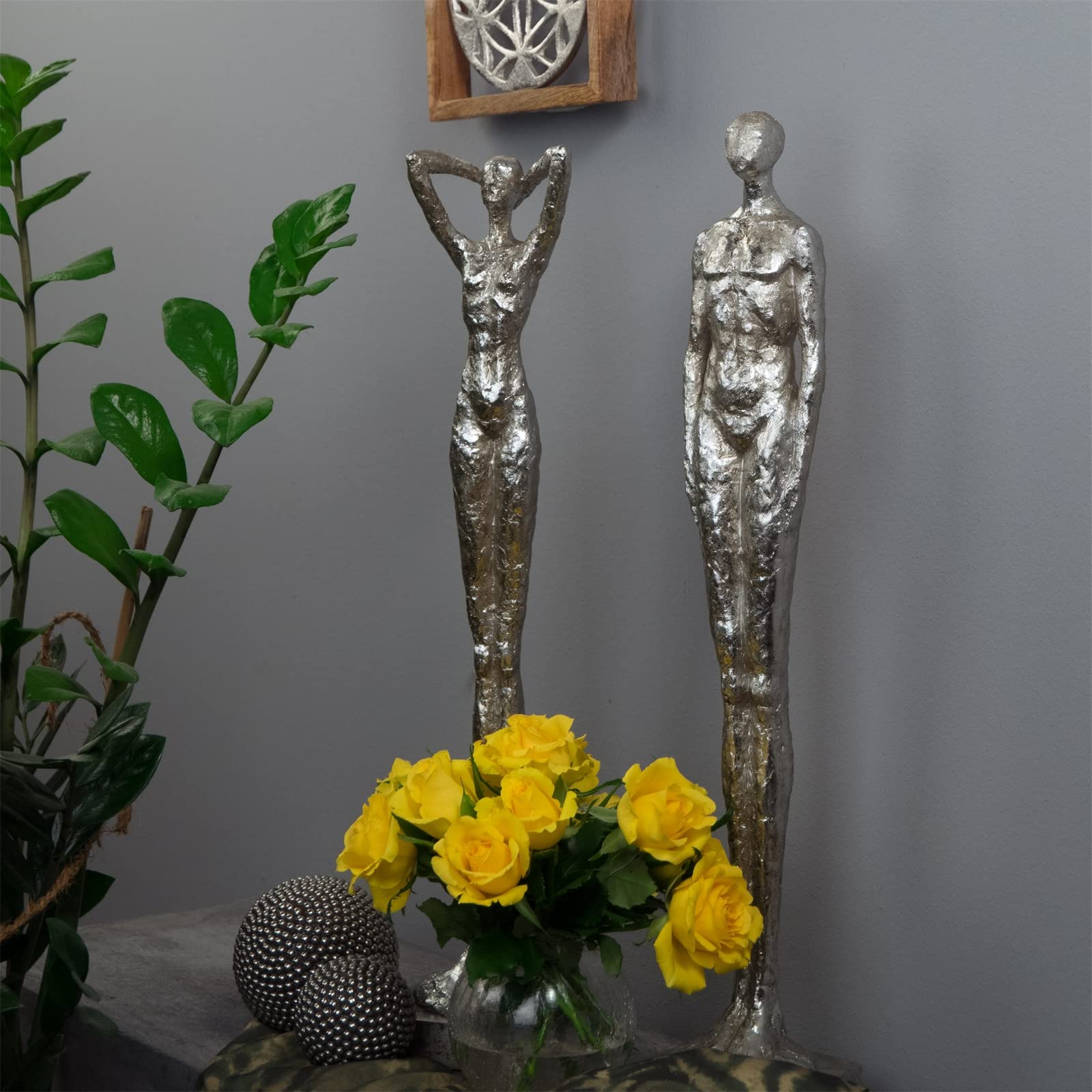 DESIGN DELIGHTS Moderne SKULPTUR Millenium | Mann & Frau, 2-teilig, Poly Kunststein, Silber 59 cm | Dekoobjekt, Dekofigur stehend, Statue