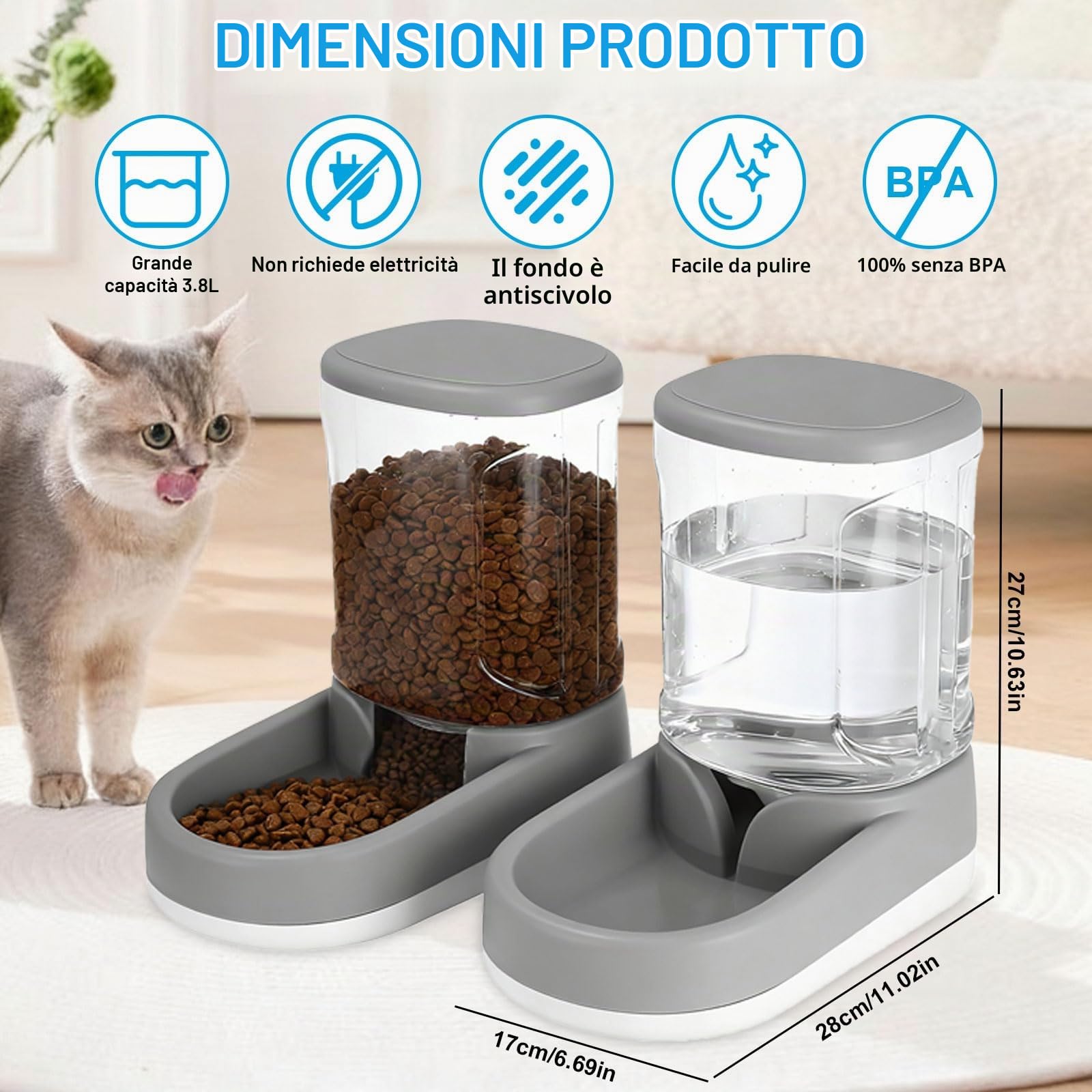 Dispenser Cibo Gatti Cani Automatico 2×3.8L Distributore Automatico e Distributore d'Acqua per Gatti, Dispenser di Crocchette e Acqua per Animali Domestici (Grigio)