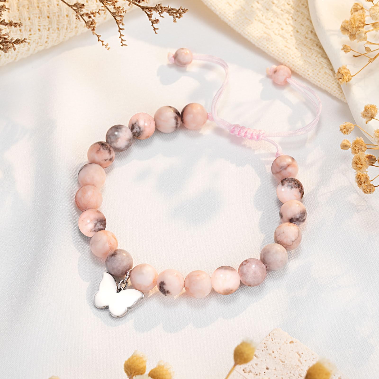 7./8./9./10./11./16. Geburtstagsgeschenke für Mädchen, Schmetterlings-Natursteinarmbänder mit Zitatkarte