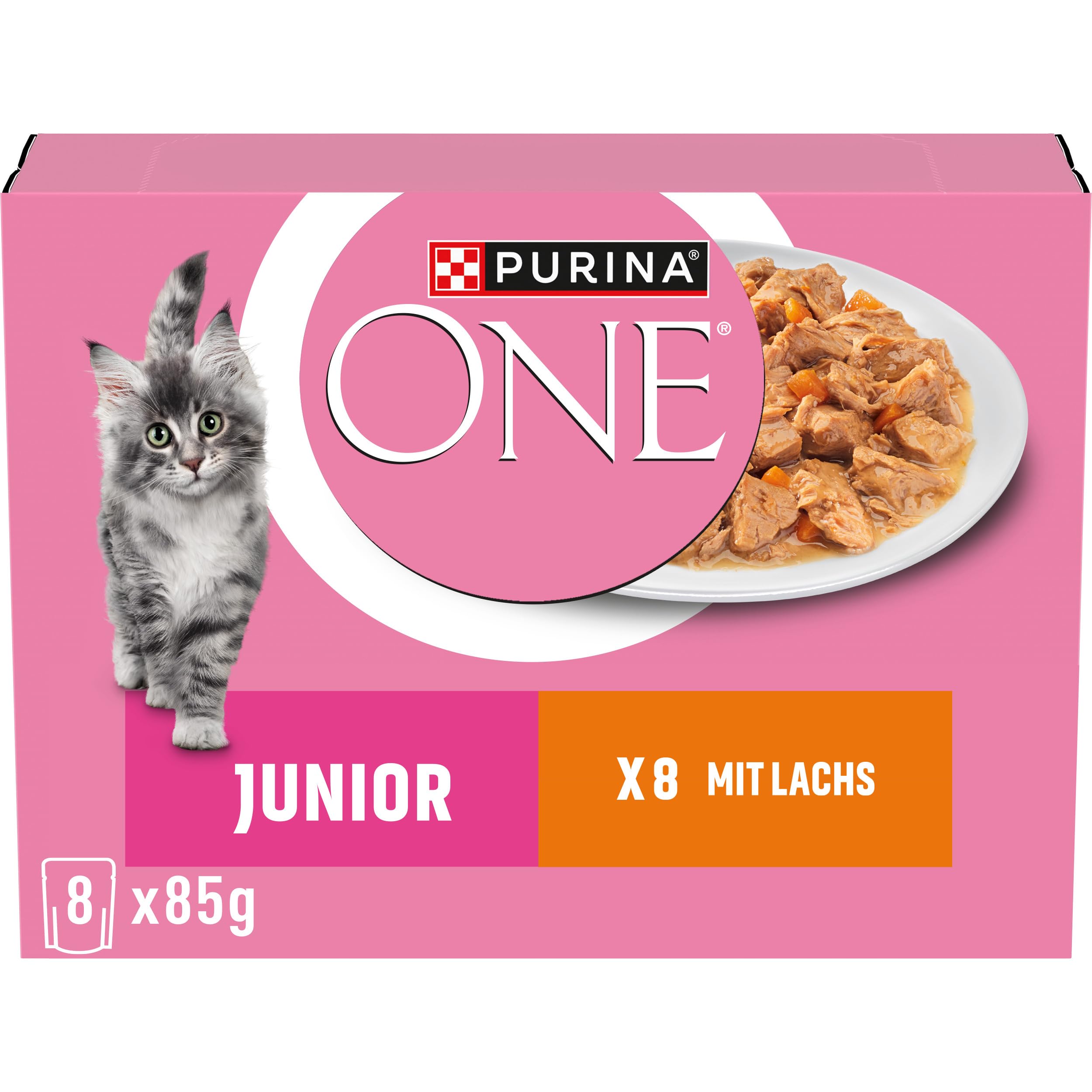 Purina One Junior Katzenfutter nass mit Lachs und Karotten in Sauce, mit DHA, Gehirn und Sehvermögen, für Kätzchen, 10er Pack (10 x 8 x 85g)