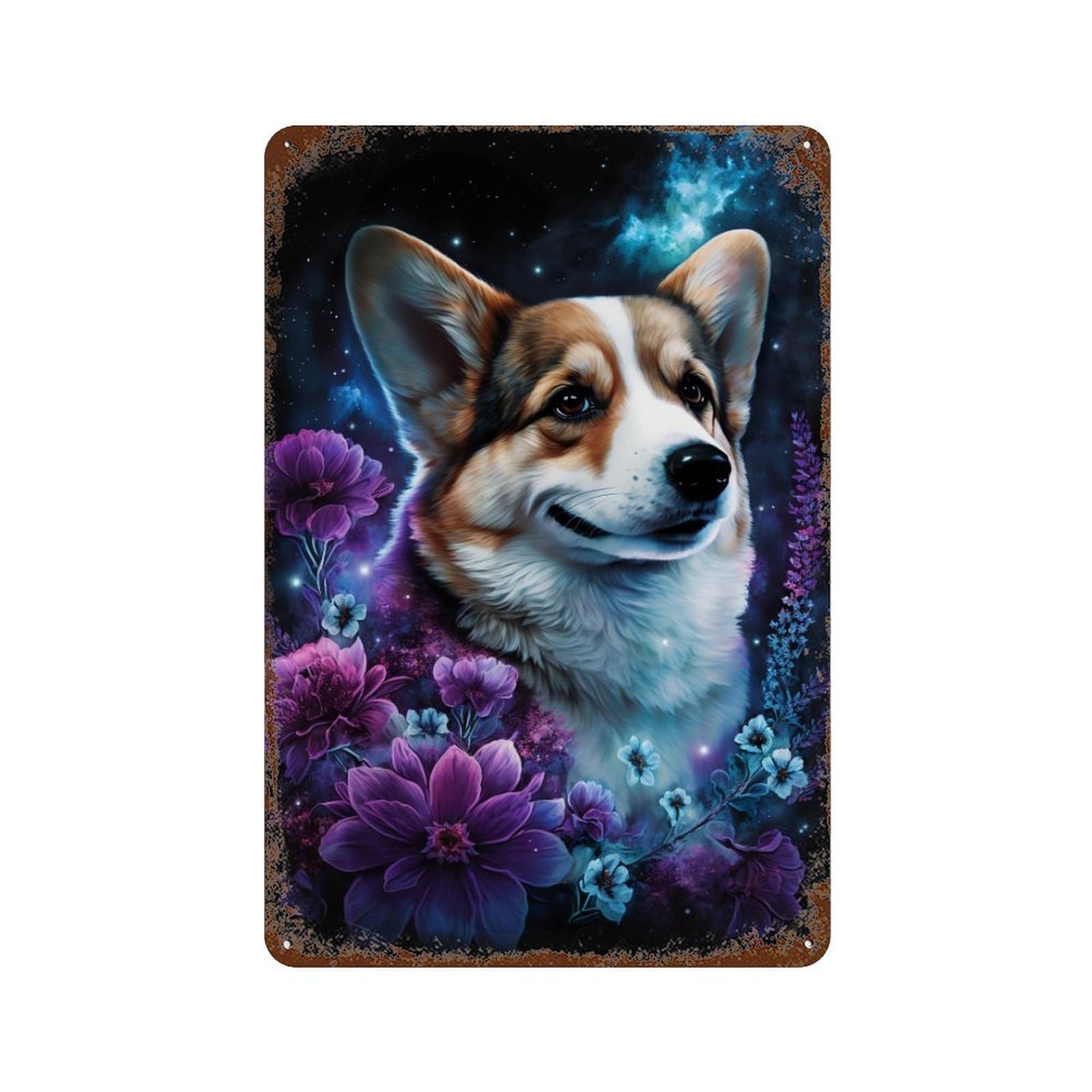 Starry Night Corgi with Flowers -2 Decorative Tin Sign 11.8"x7.9", Vintage Wall Decor for Basement, Hobby Room And Garage Decor
