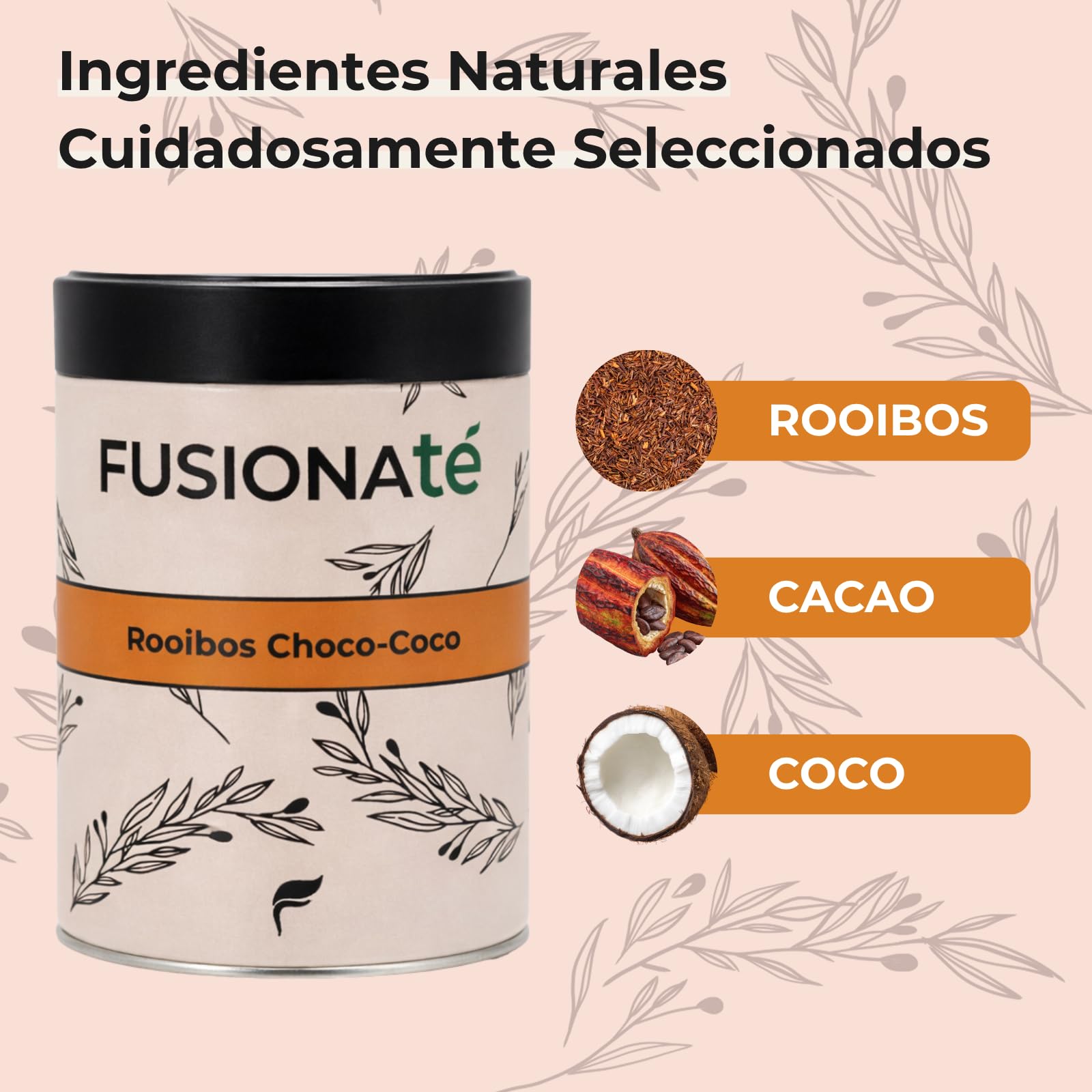 FUSIONATE Rooibos Cacao y Coco 150g Alternativa Chocolate Caliente Infusión Sin Cafeína