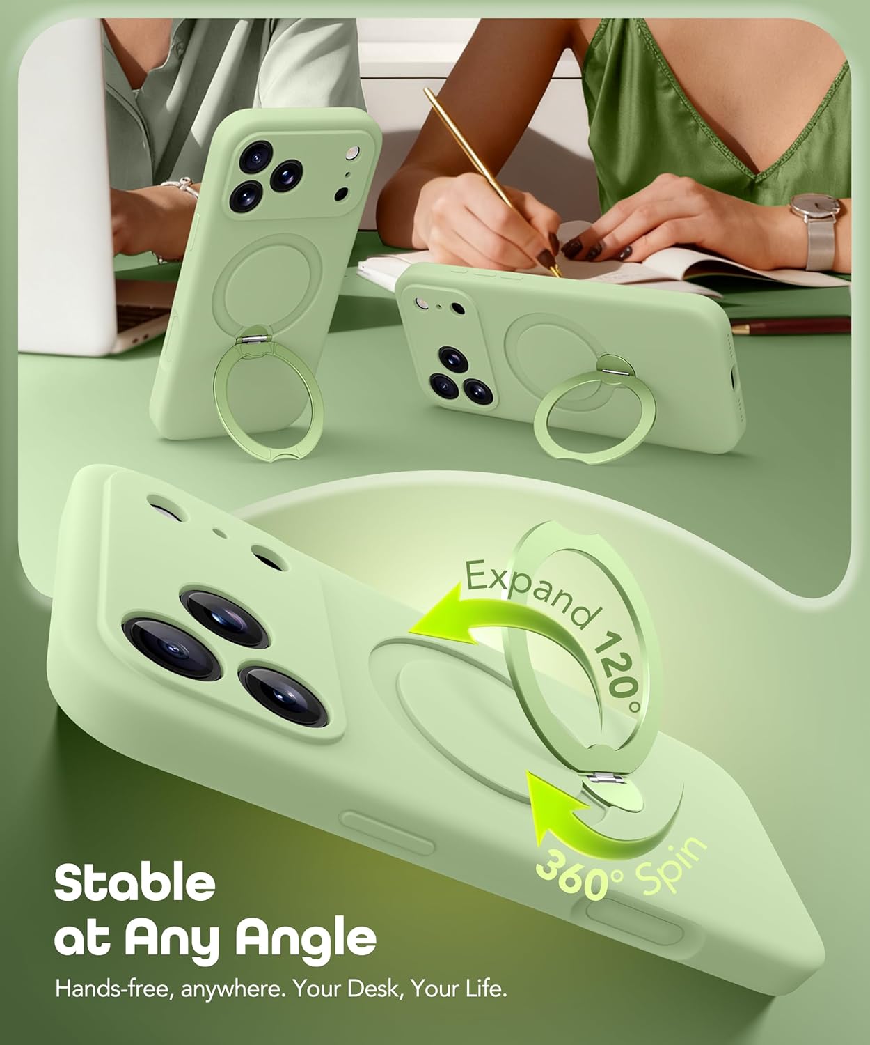 GolbinBox for iPhone 17 Pro Case with 360° Spin Magnetic Stand, [Compatible with MagSafe][Full Camera Protection],Full Body Shockproof Liquid Silicone Case with Ring Stand for 17 Pro 6.3'', Pale Green