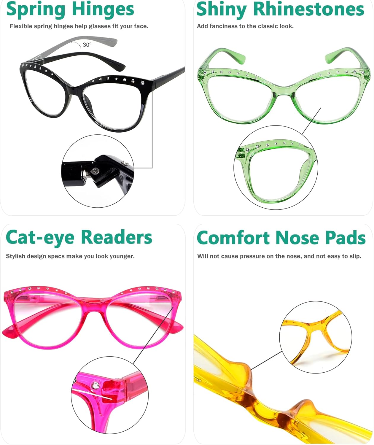 Eyekepper 4-pack Reading Glasses for Women Cat-eye Style Rhinestone Readers +2.0